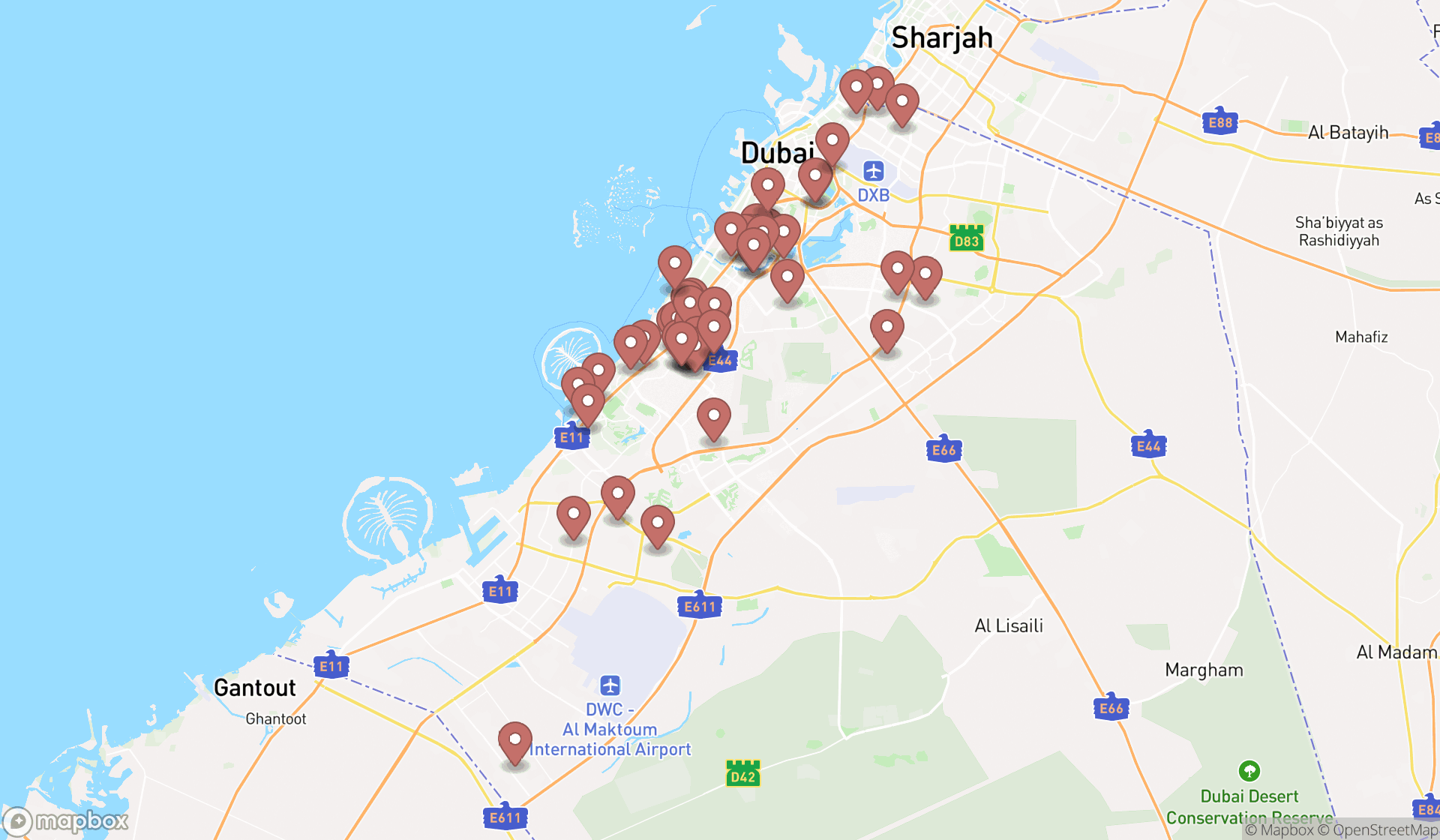 Map showing the search results in Dubai