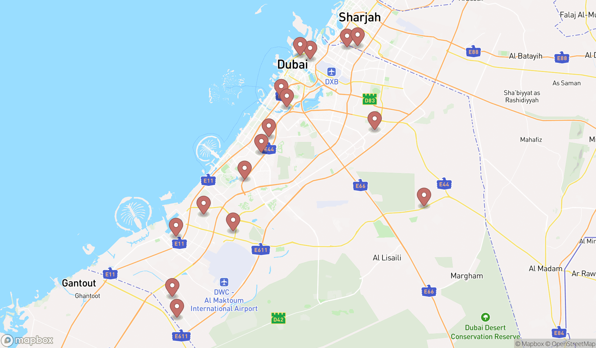 Map showing the search results in Dubai