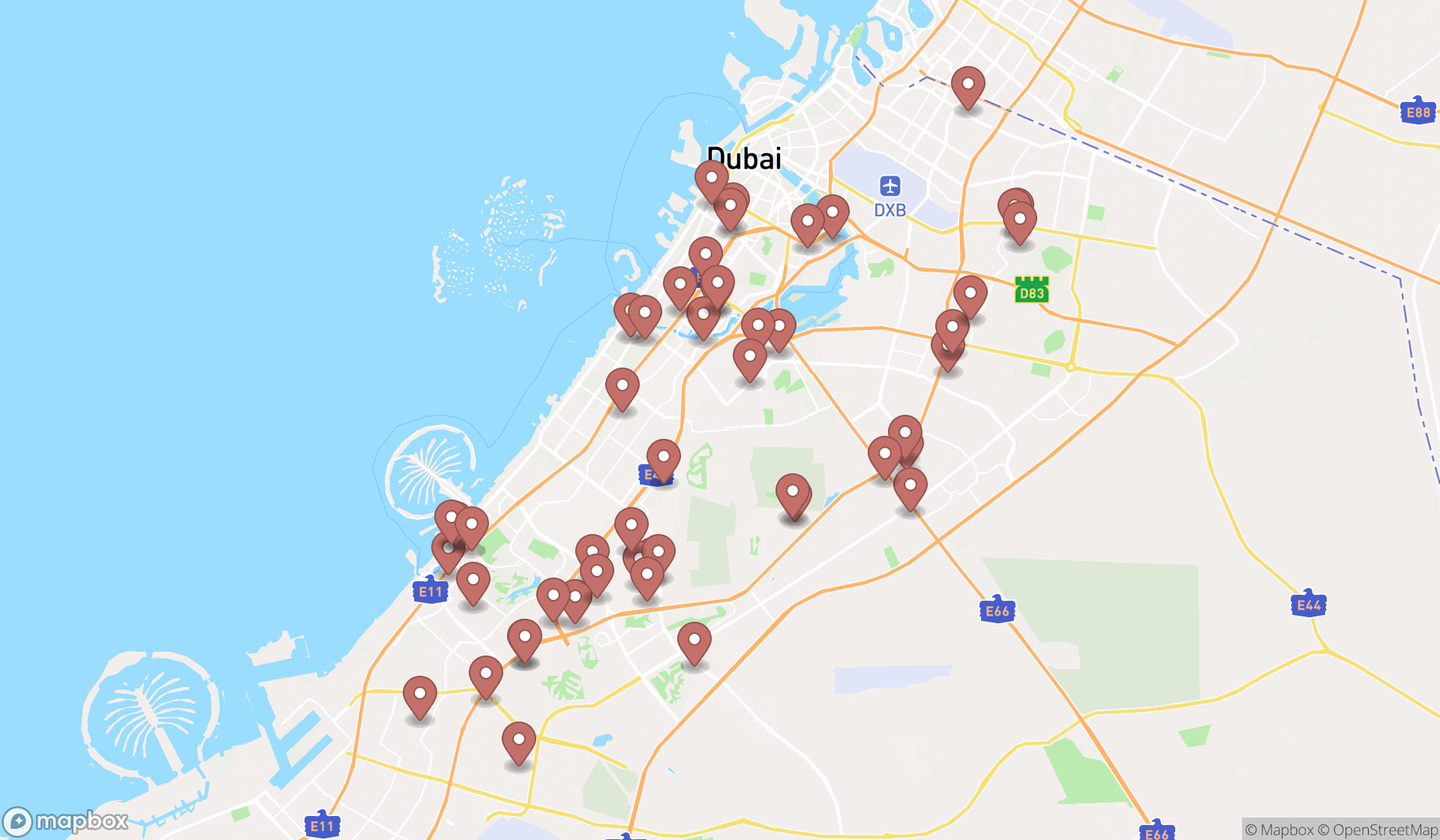 Map showing the search results in Dubai