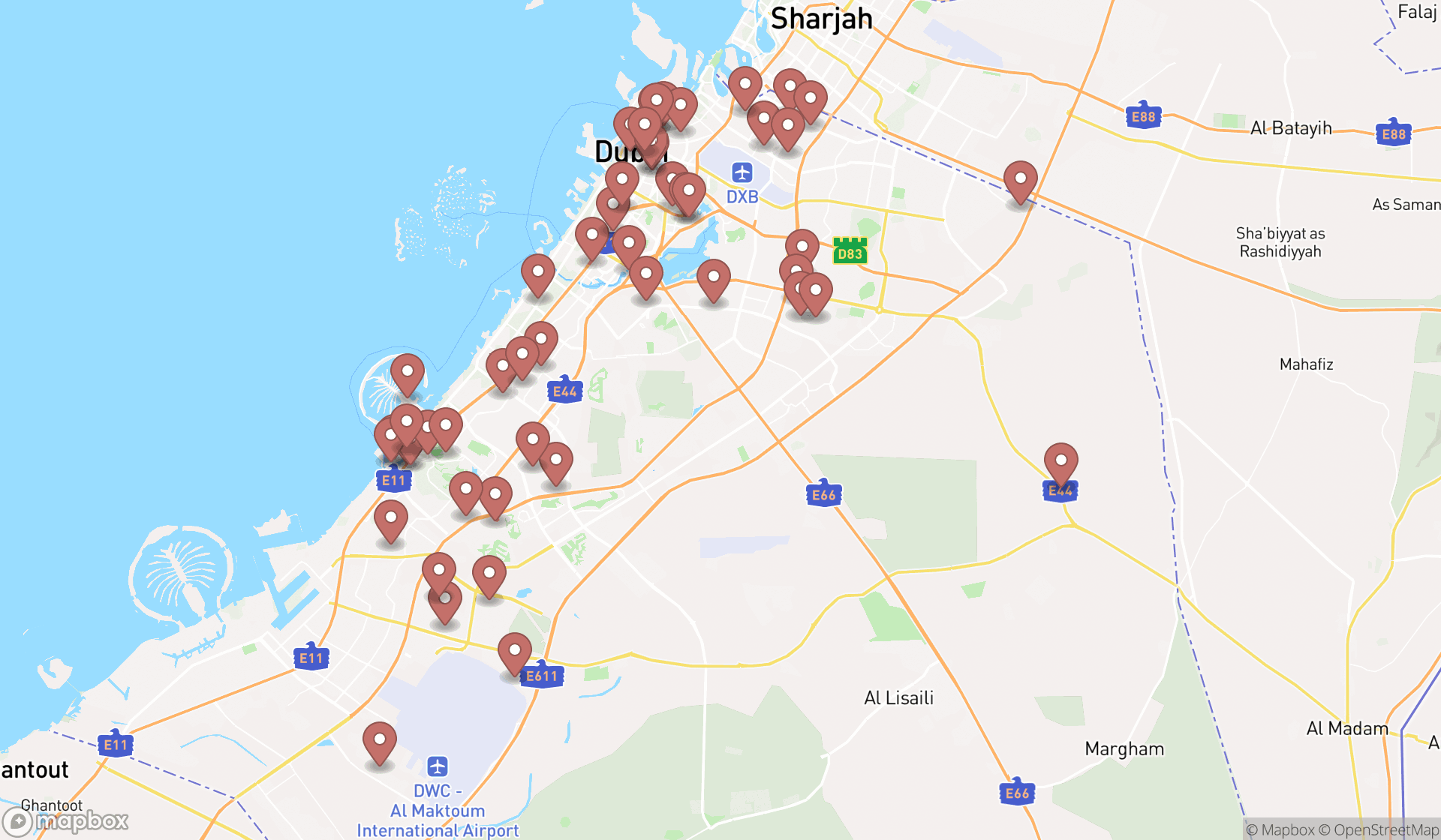 Map showing the search results in Dubai