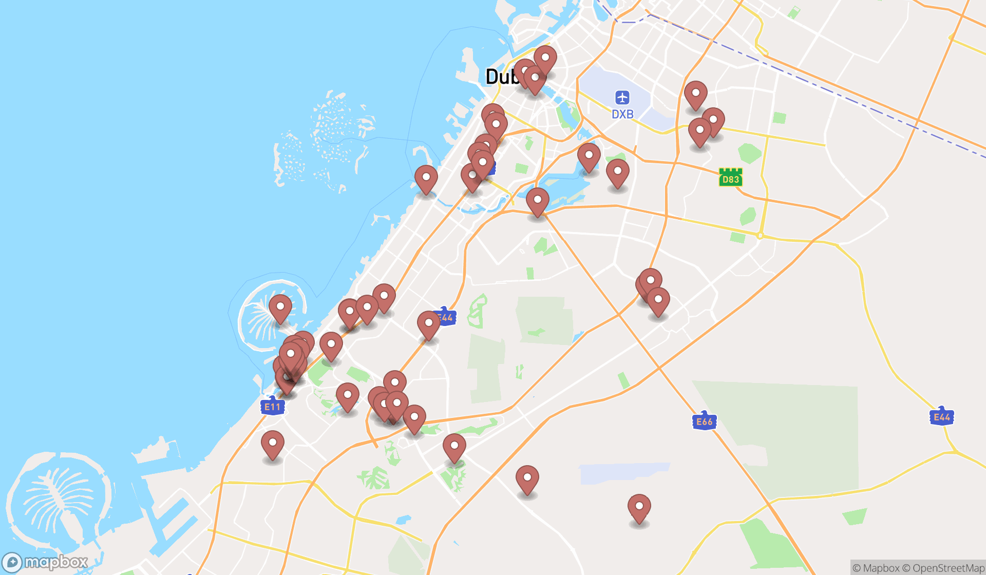 Map showing the search results in Dubai