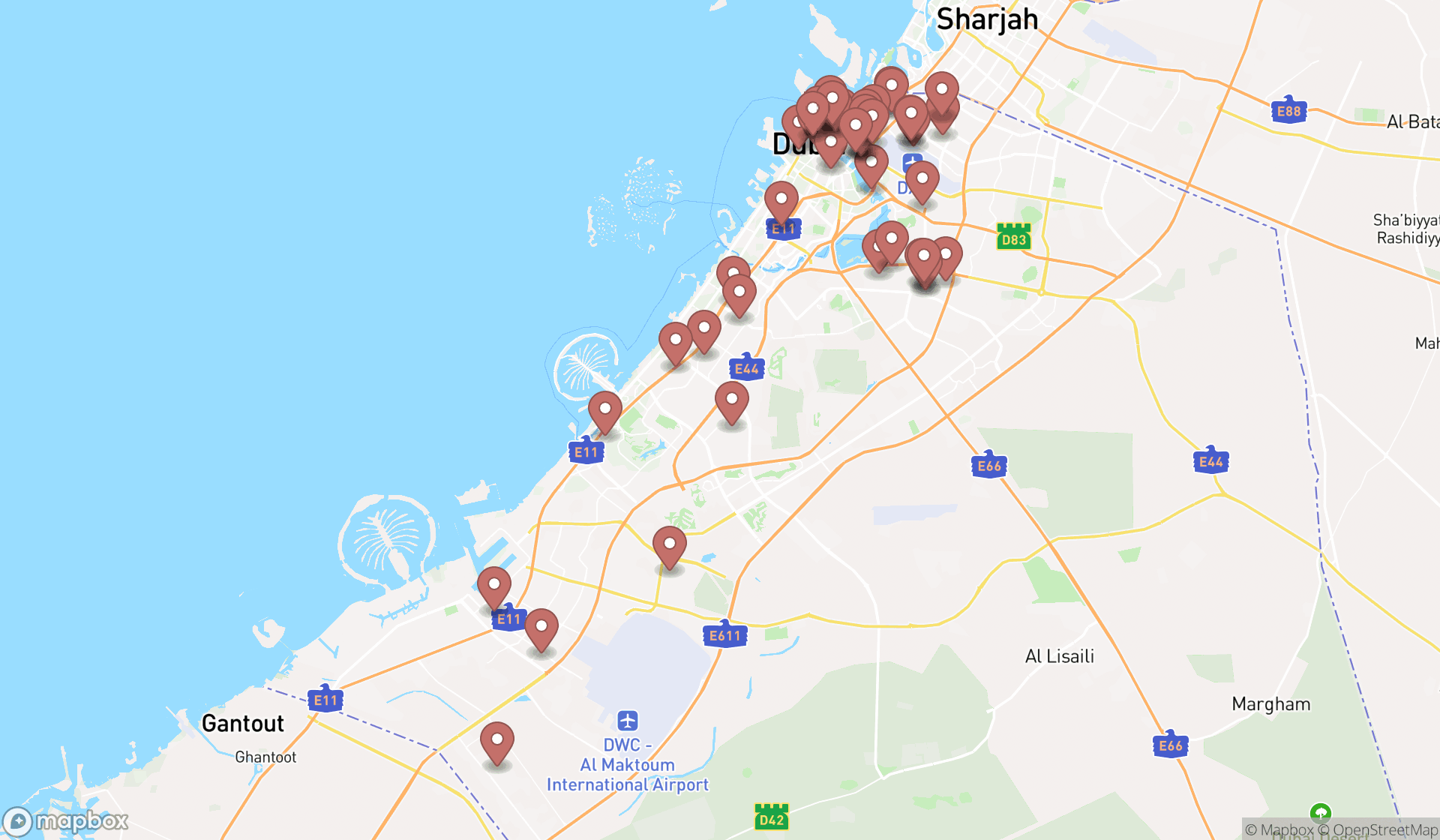 Map showing the search results in Dubai