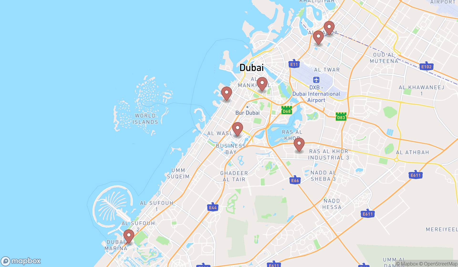 Map showing the search results in Dubai