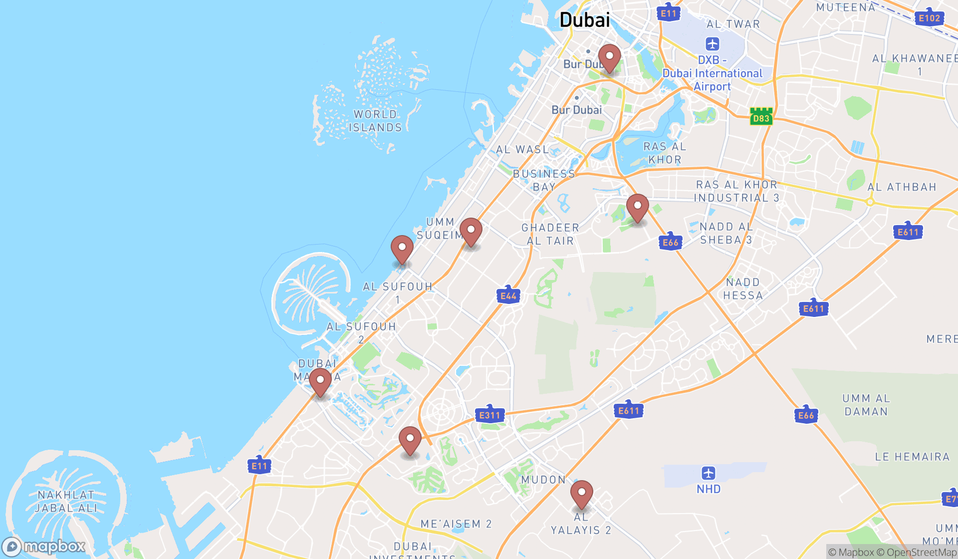 Map showing the search results in Dubai