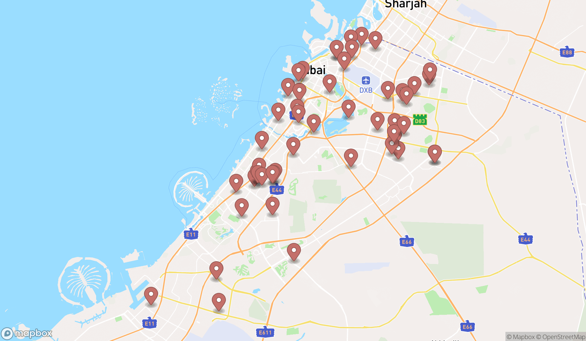 Map showing the search results in Dubai