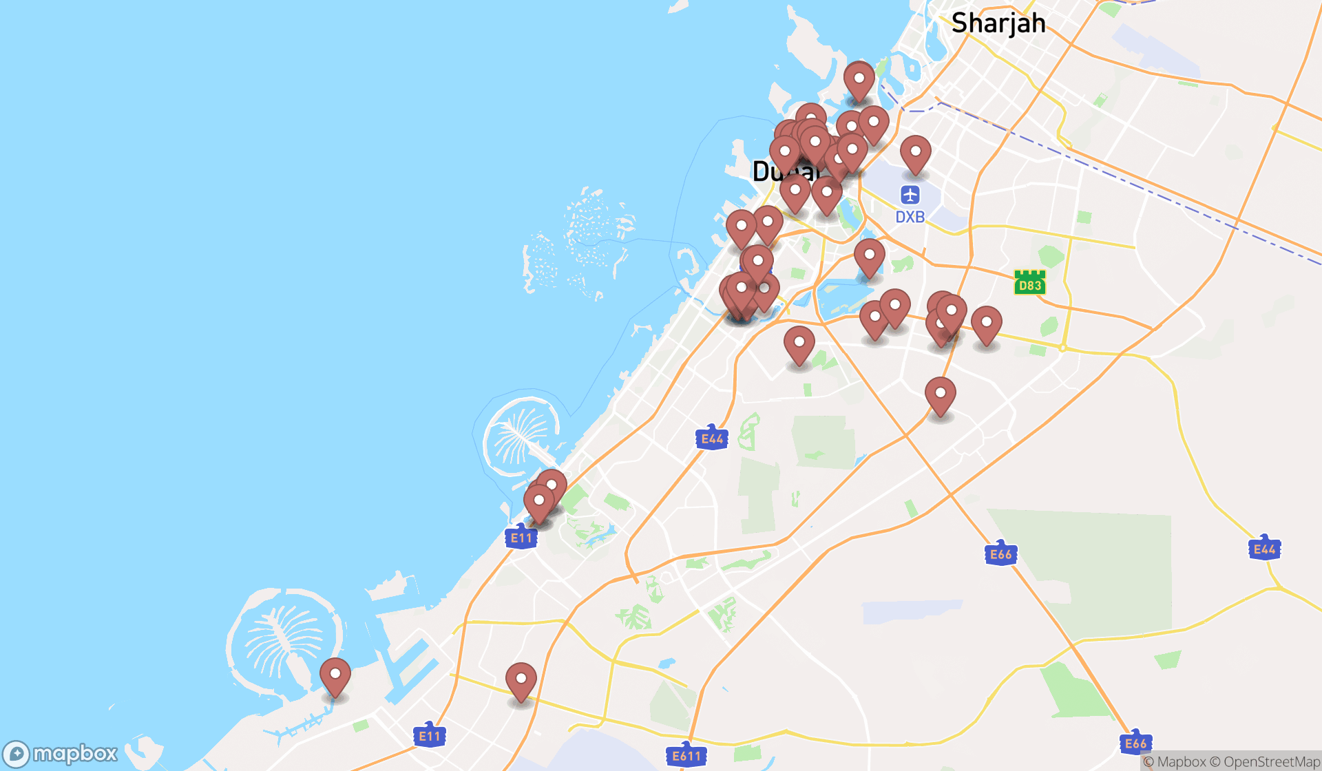 Map showing the search results in Dubai