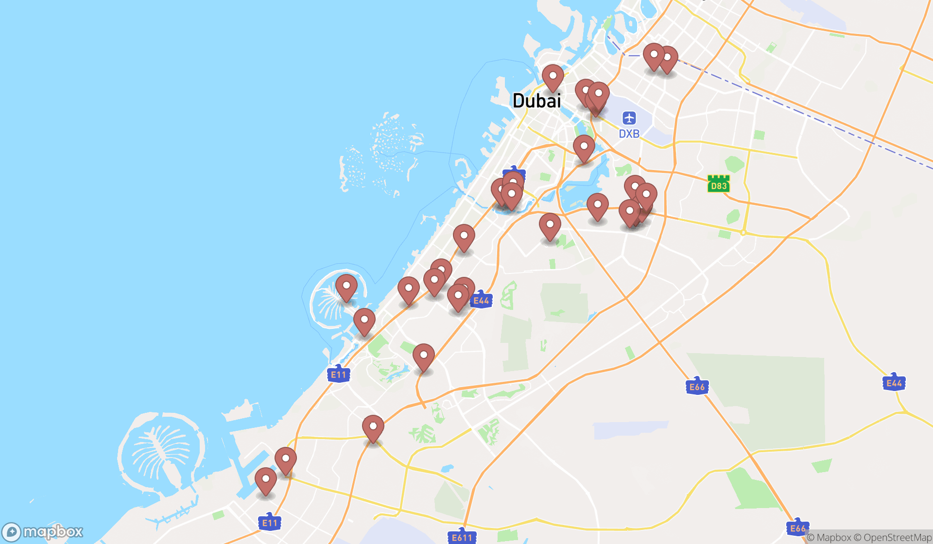 Map showing the search results in Dubai