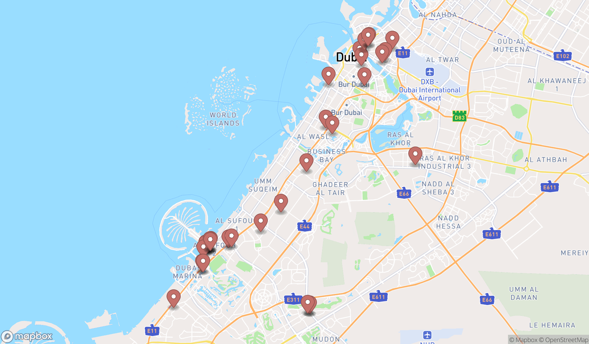 Map showing the search results in Dubai