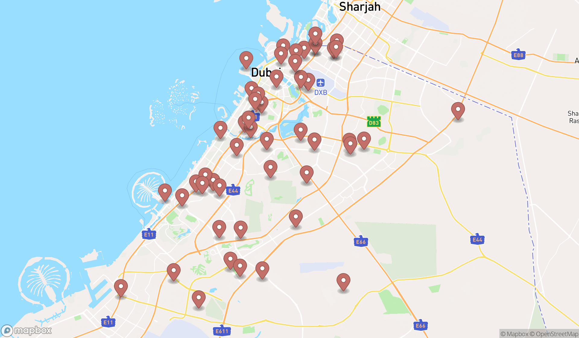 Map showing the search results in Dubai