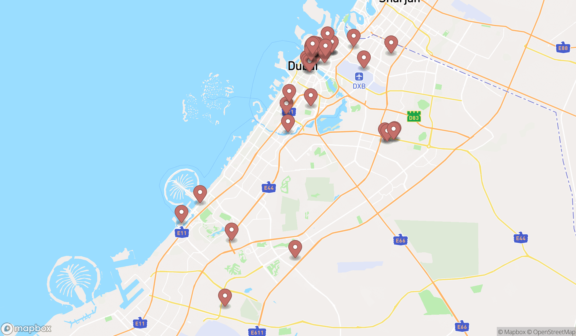 Map showing the search results in Dubai