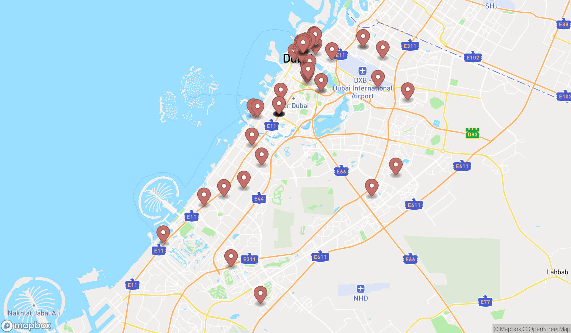 Map showing the search results in Dubai
