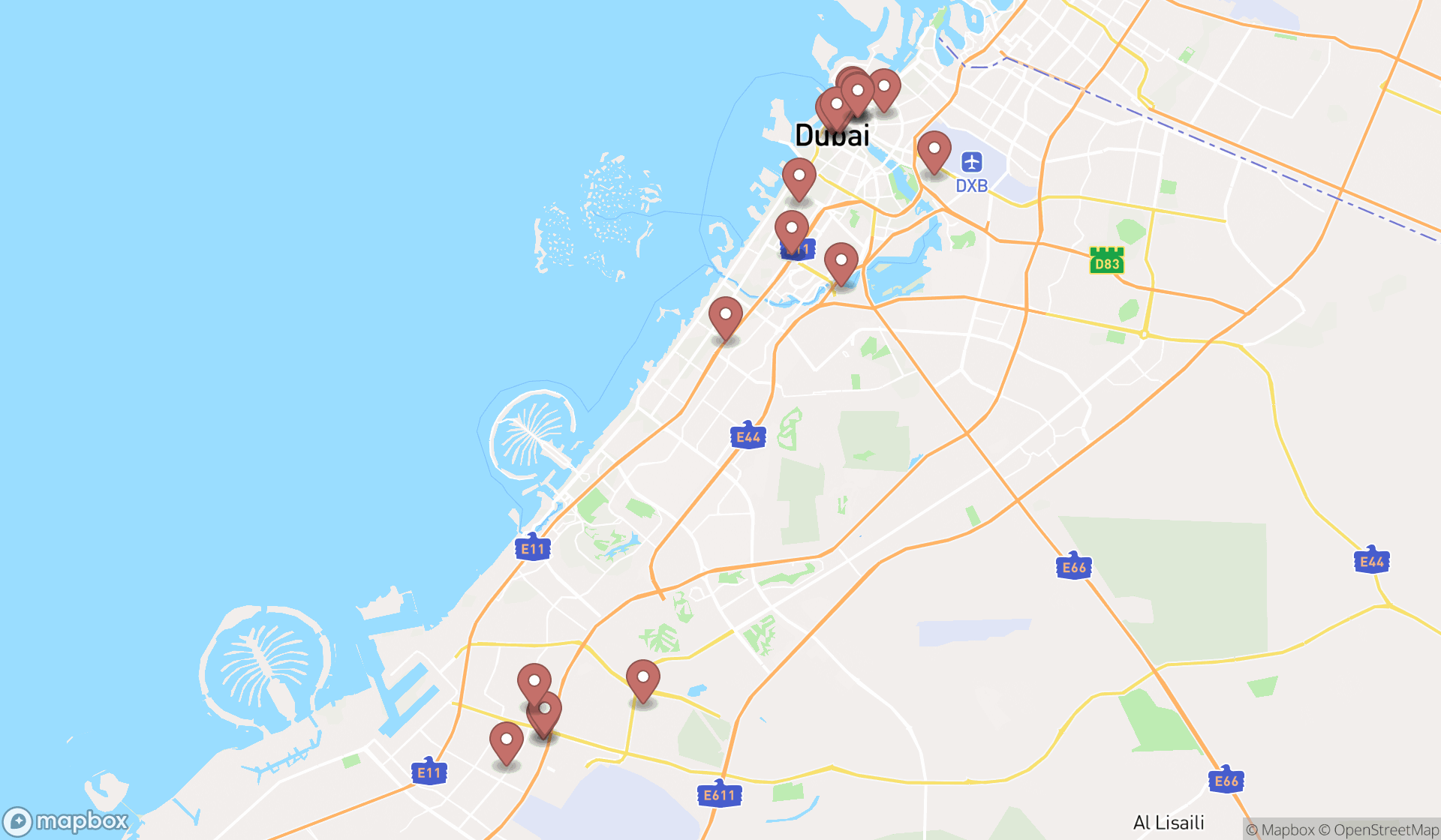 Map showing the search results in Dubai