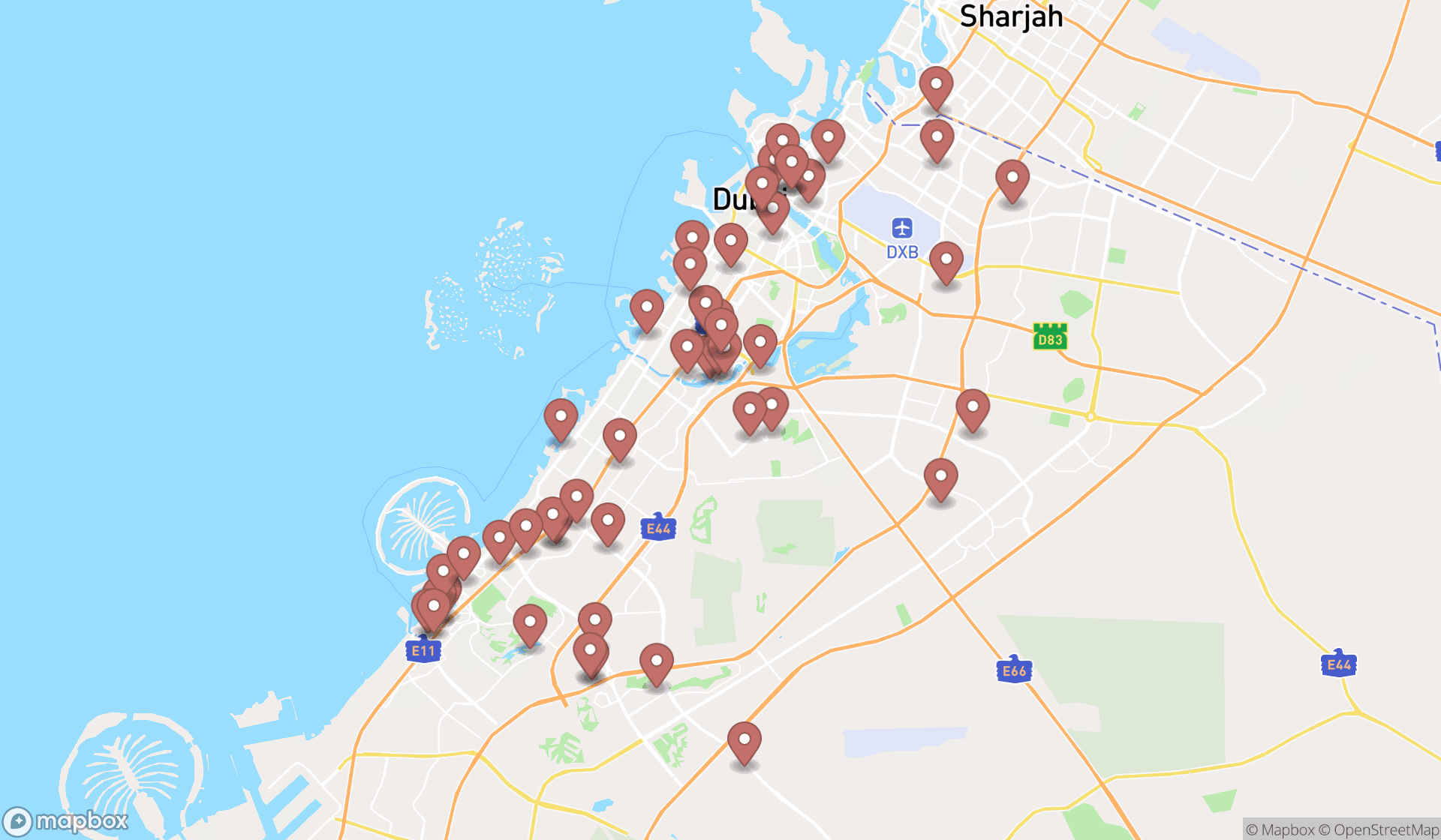 Map showing the search results in Dubai