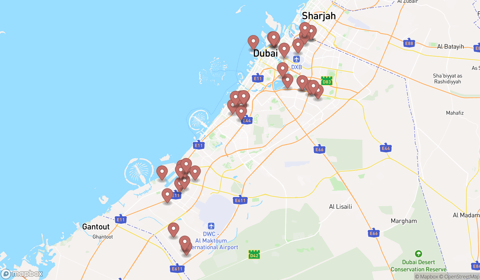 Map showing the search results in Dubai