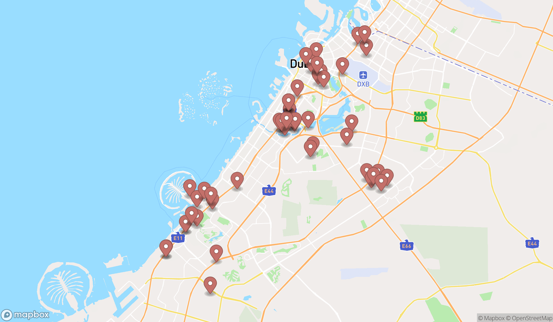 Map showing the search results in Dubai