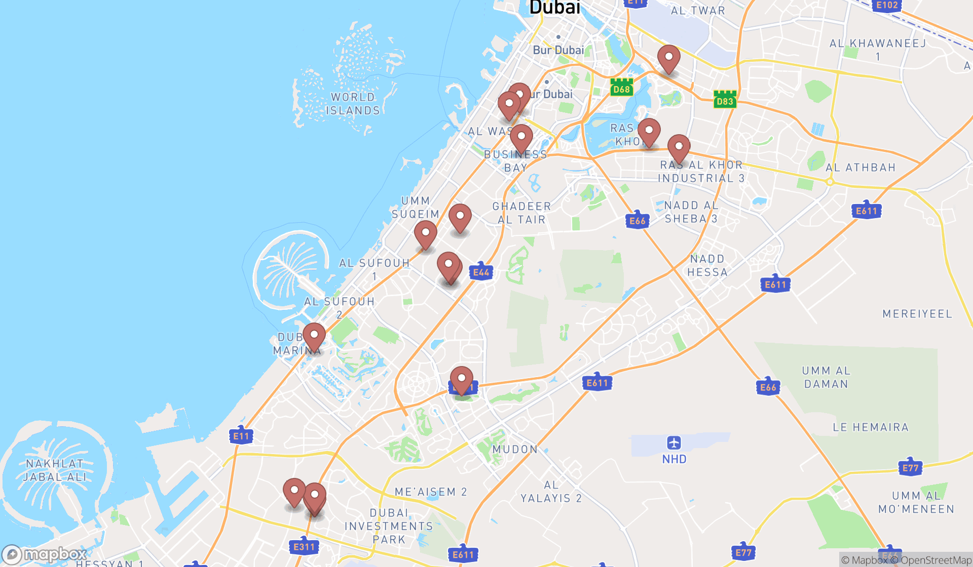 Map showing the search results in Dubai