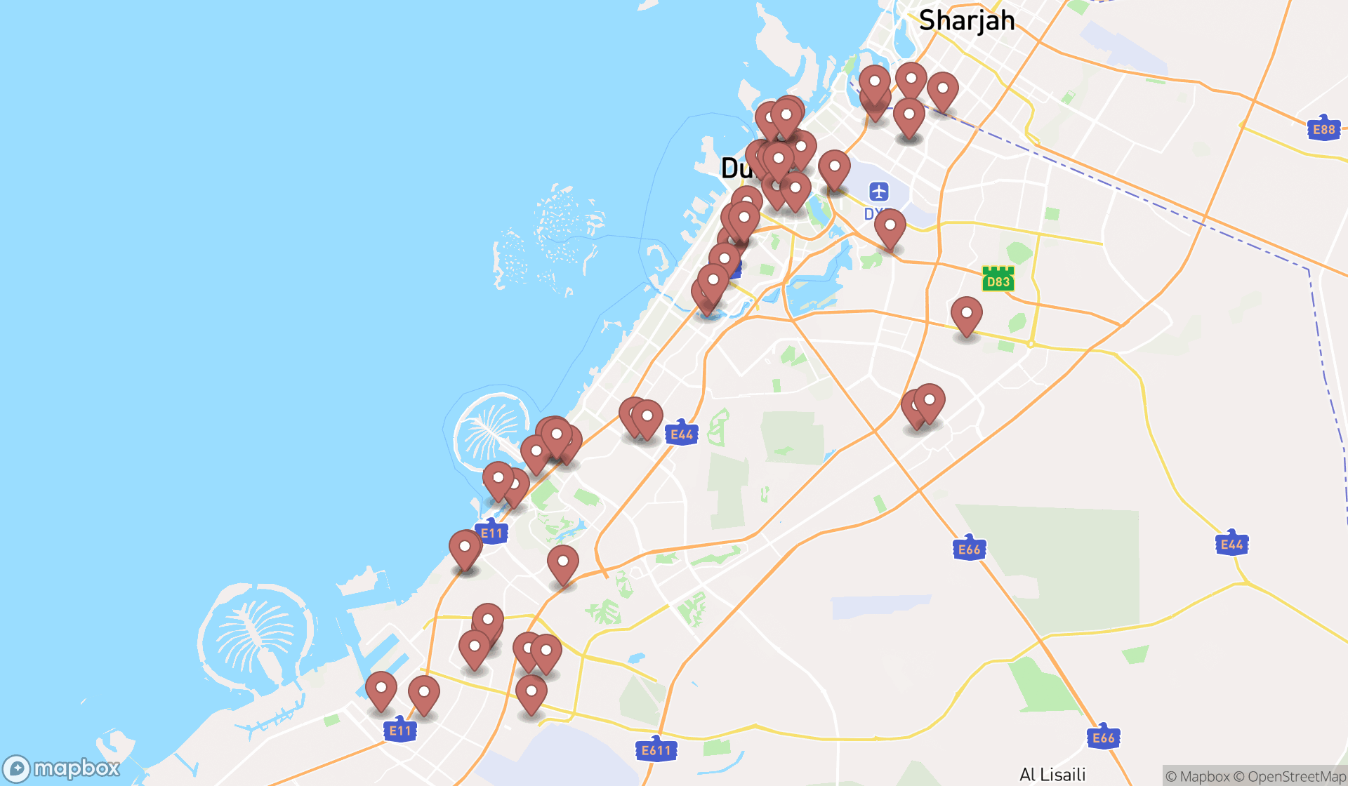 Map showing the search results in Dubai