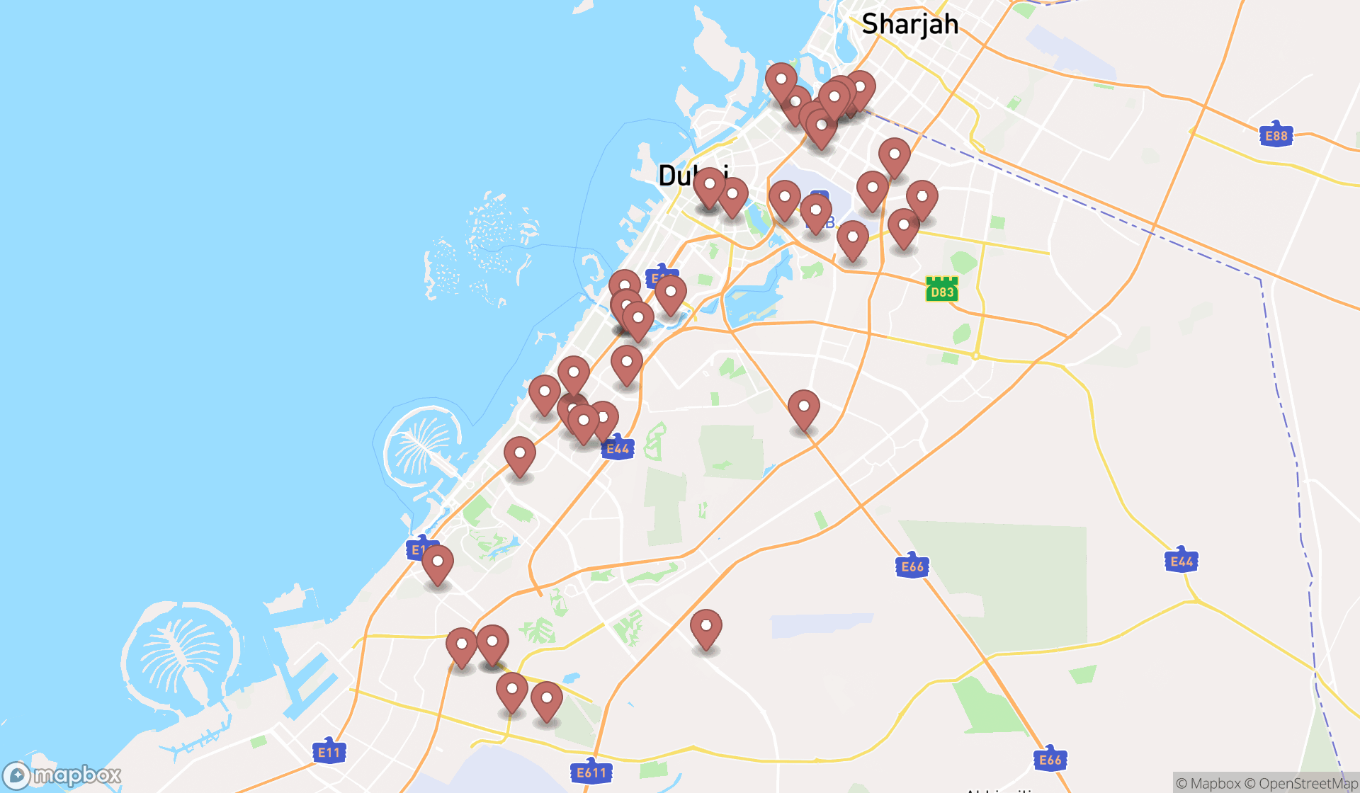 Map showing the search results in Dubai