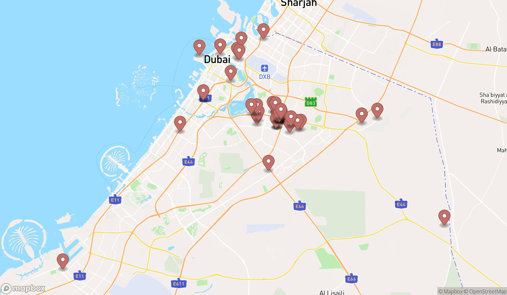 Map showing the search results in Dubai