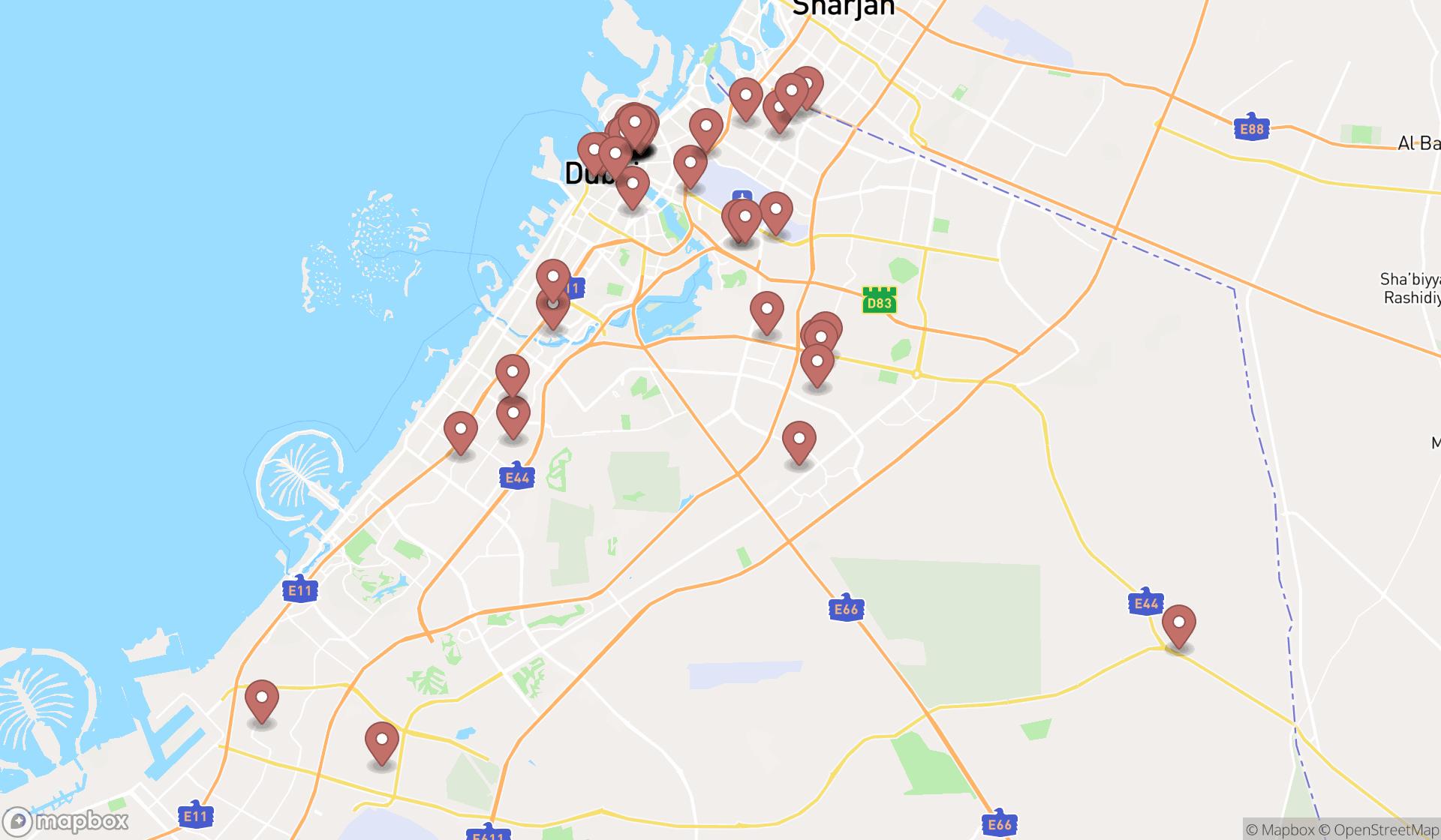 Map showing the search results in Dubai