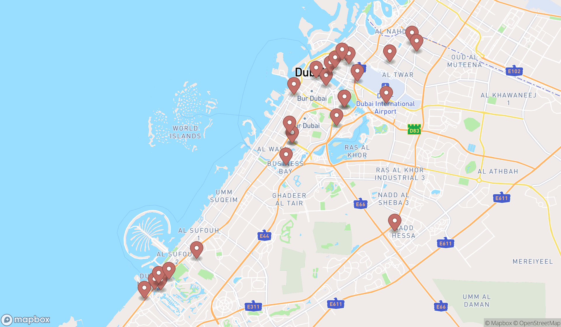 Map showing the search results in Dubai