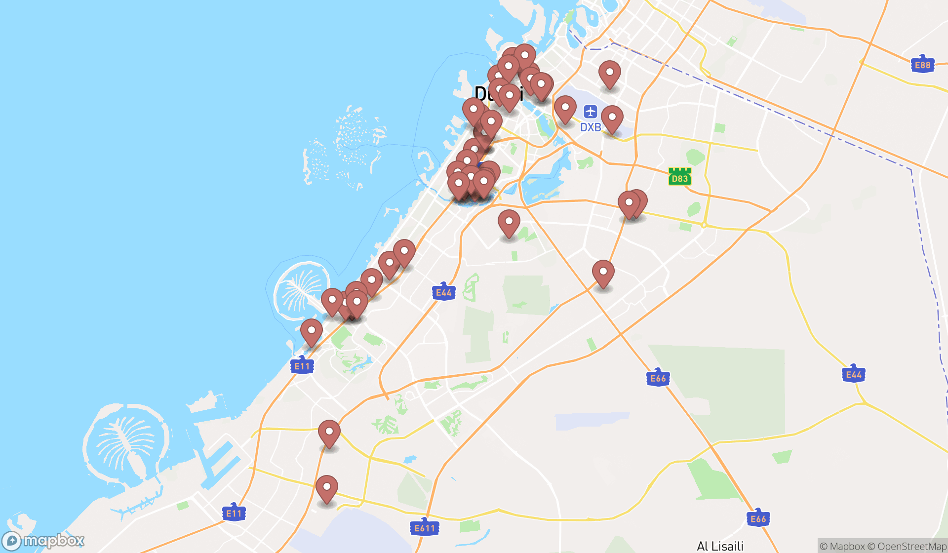 Map showing the search results in Dubai