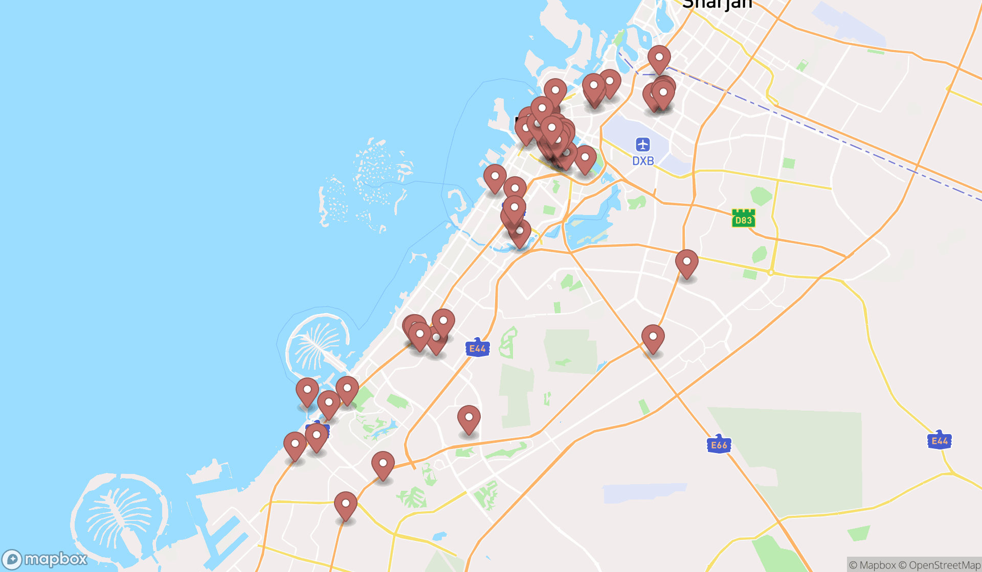 Map showing the search results in Dubai
