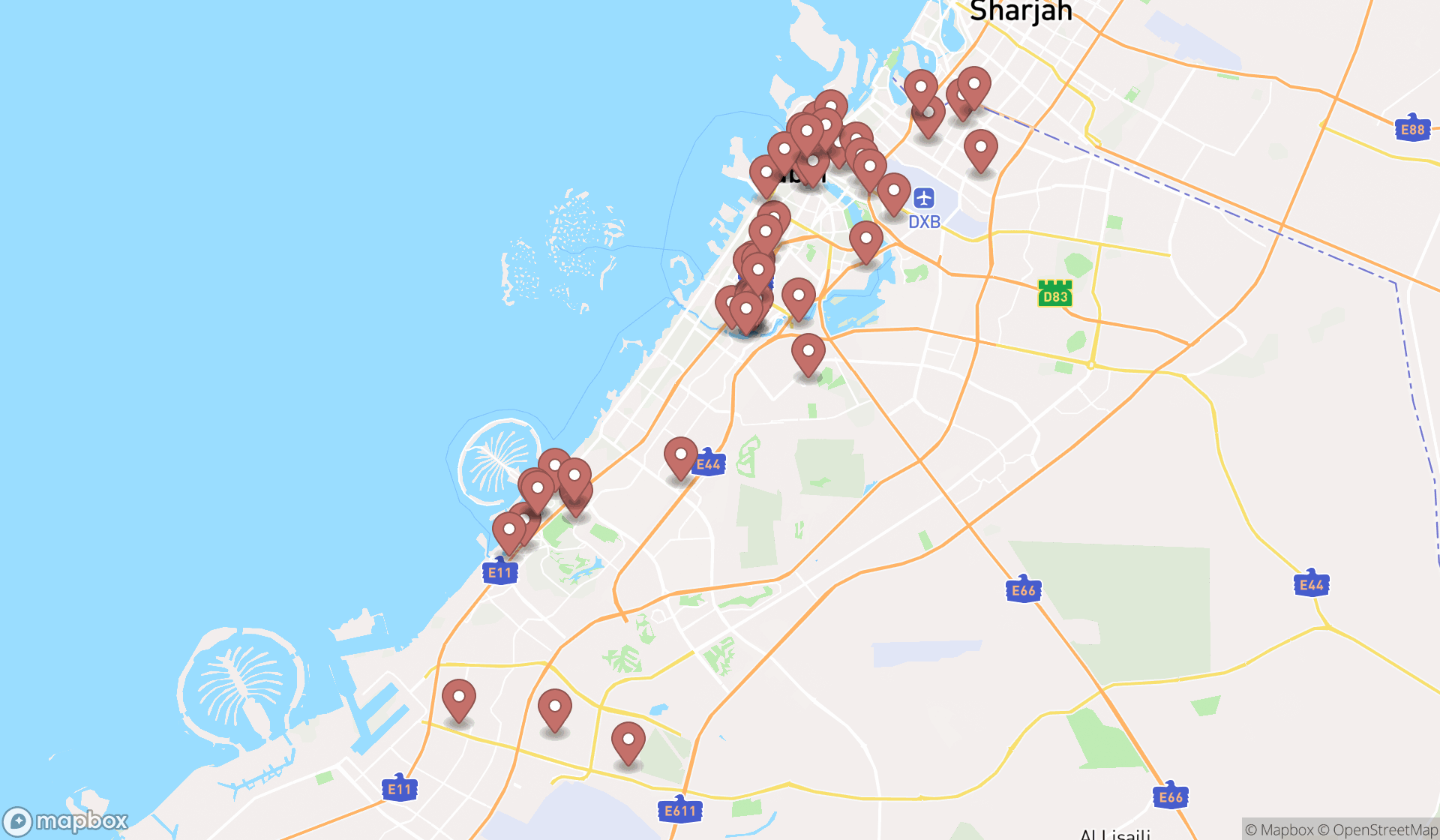 Map showing the search results in Dubai