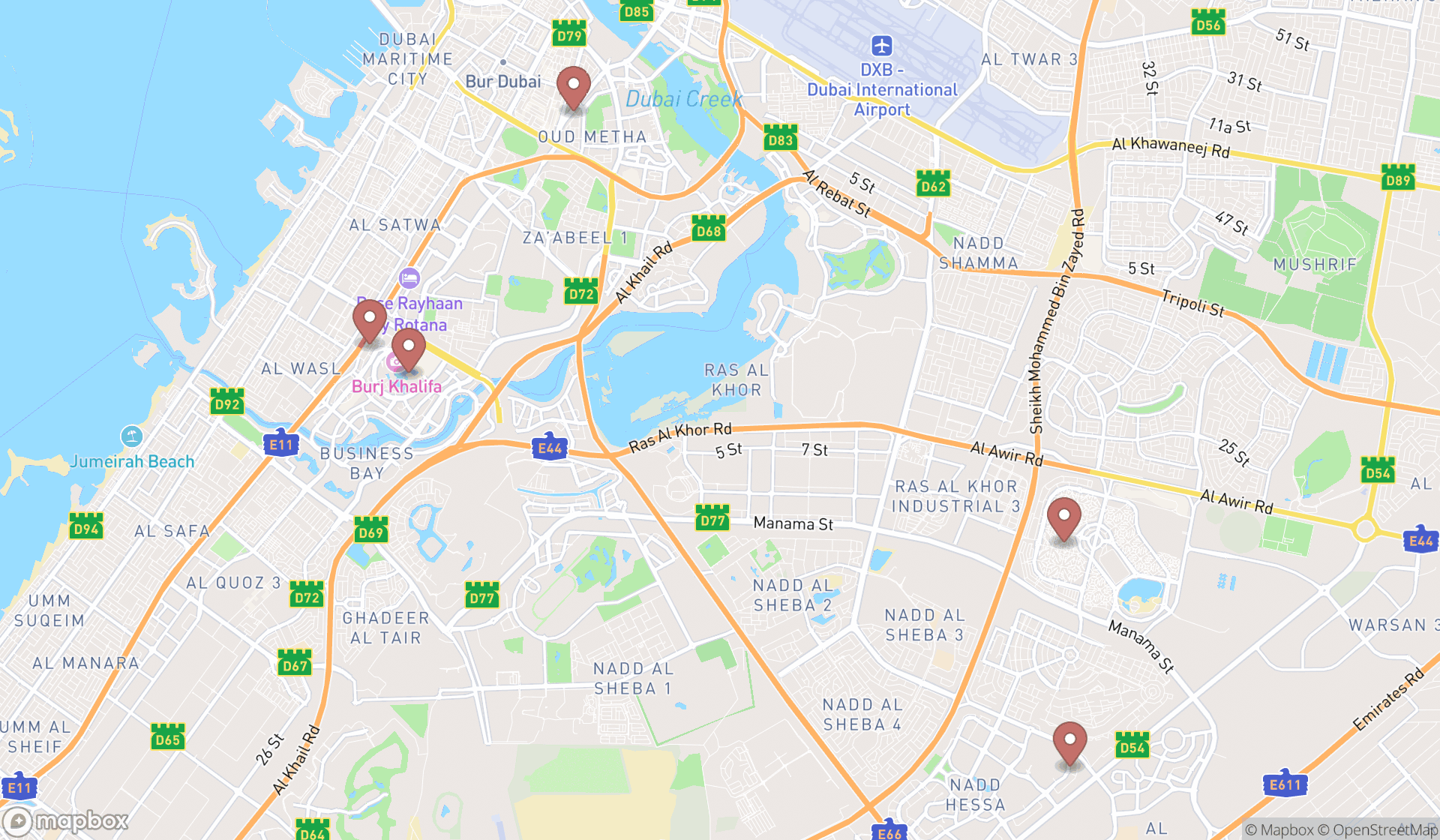Map showing the search results in Dubai