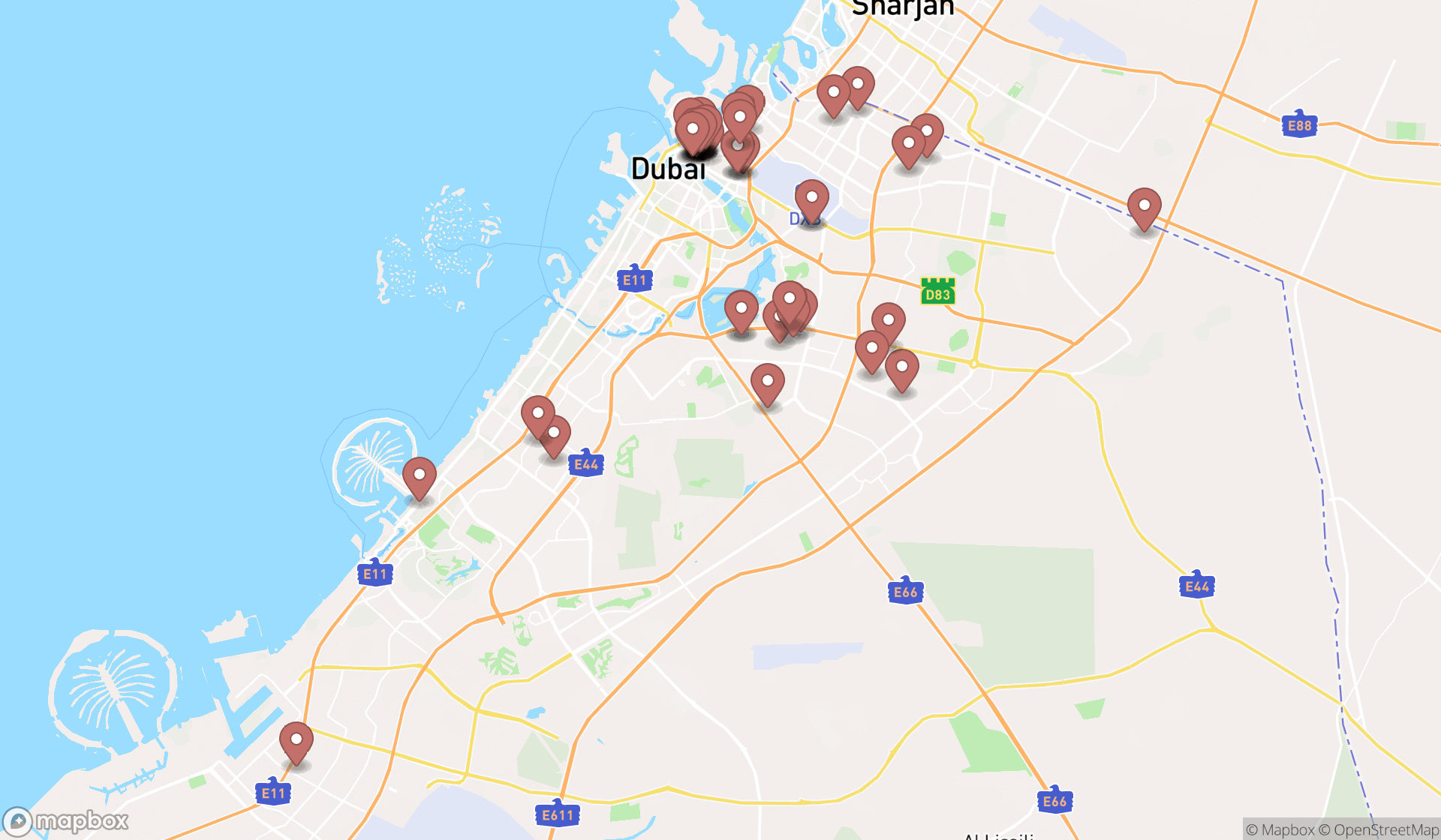 Map showing the search results in Dubai