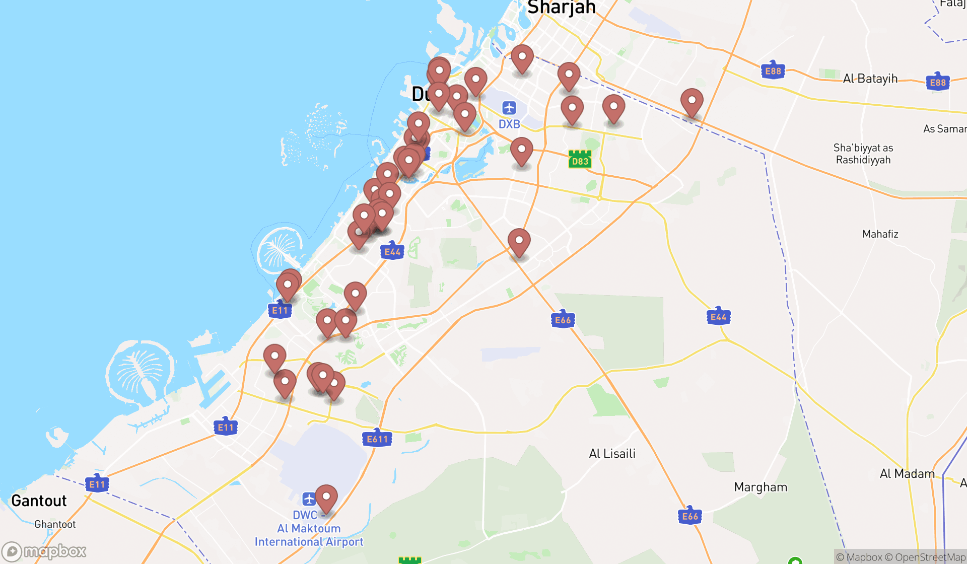 Map showing the search results in Dubai