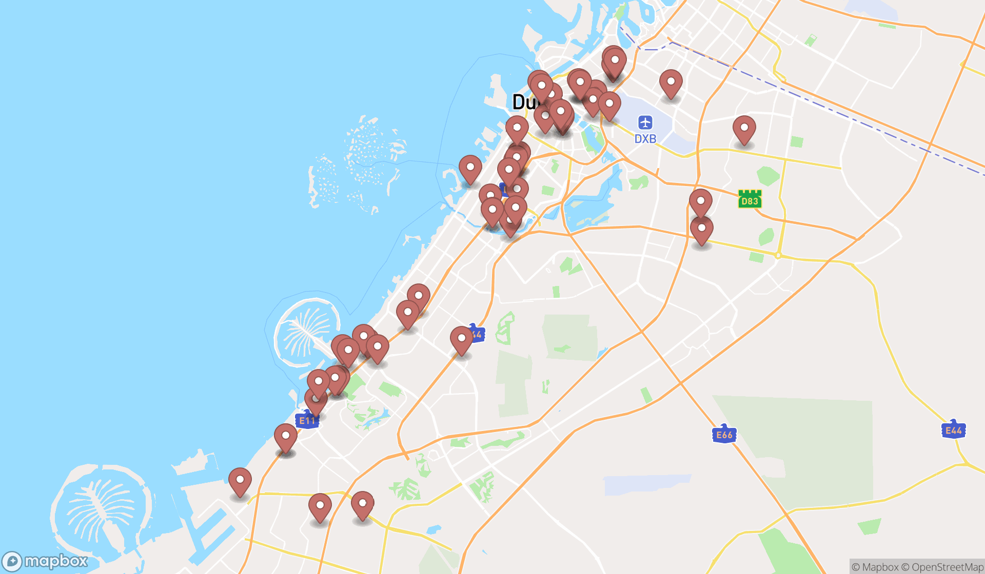 Map showing the search results in Dubai