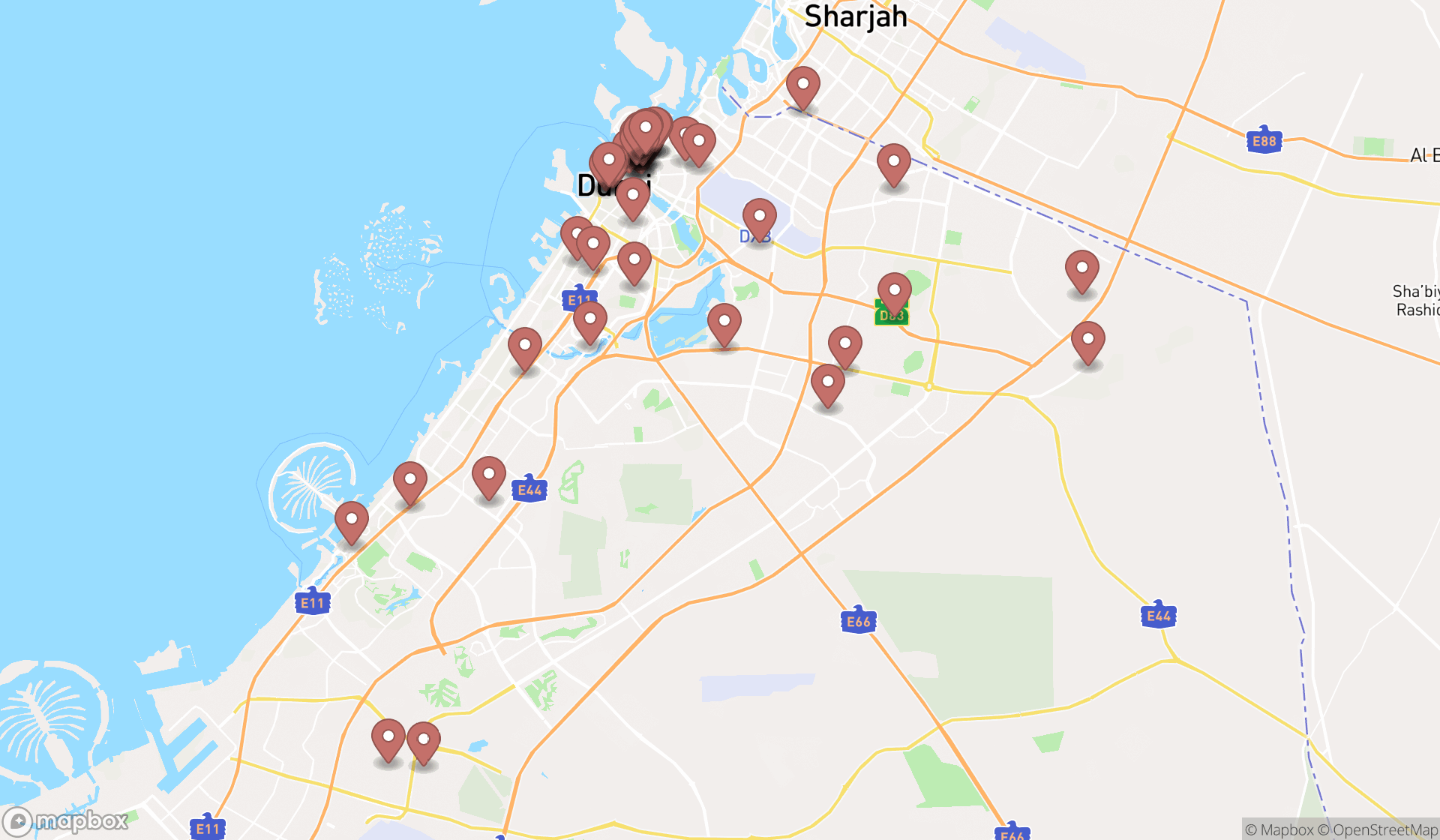 Map showing the search results in Dubai