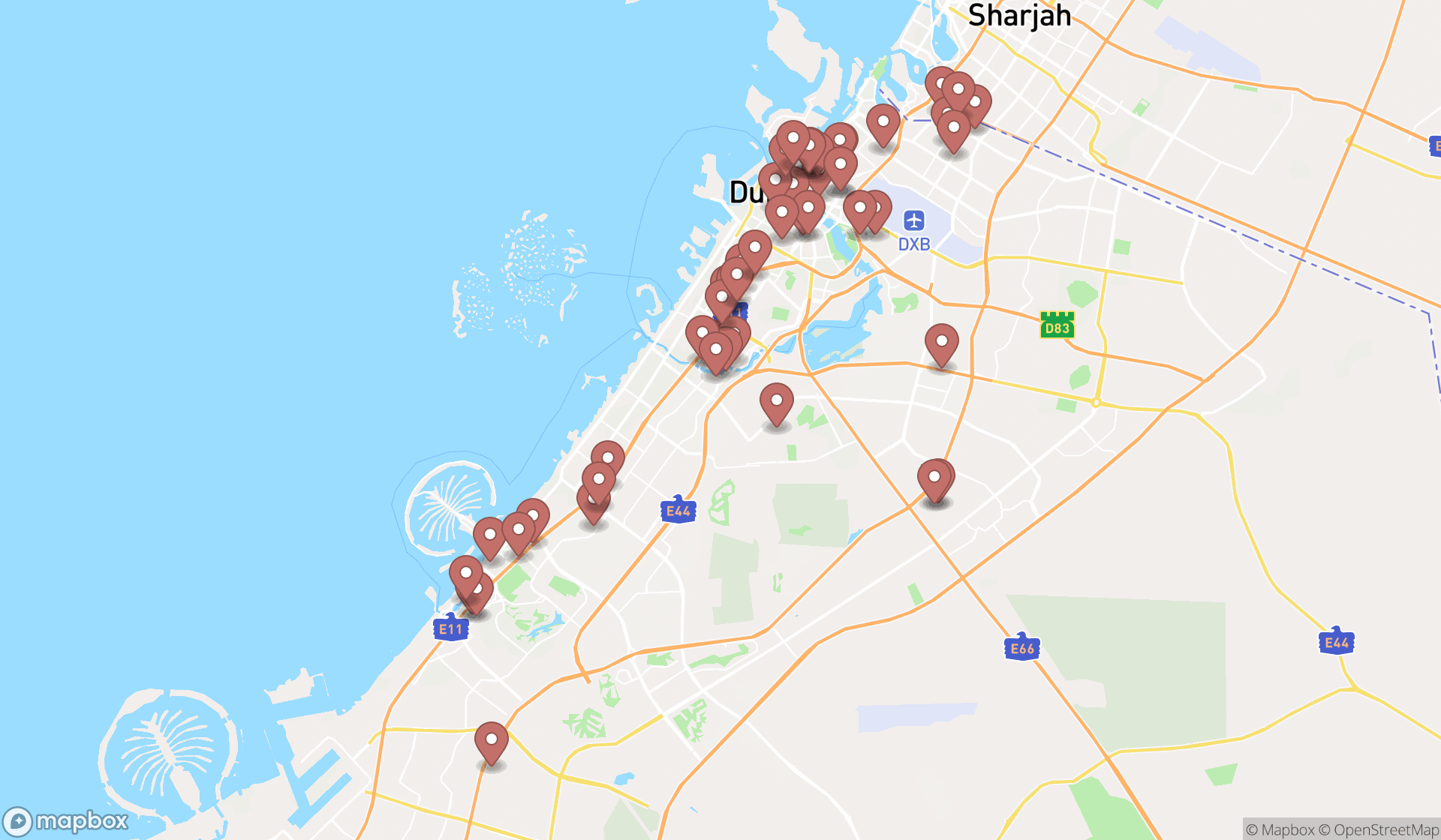 Map showing the search results in Dubai