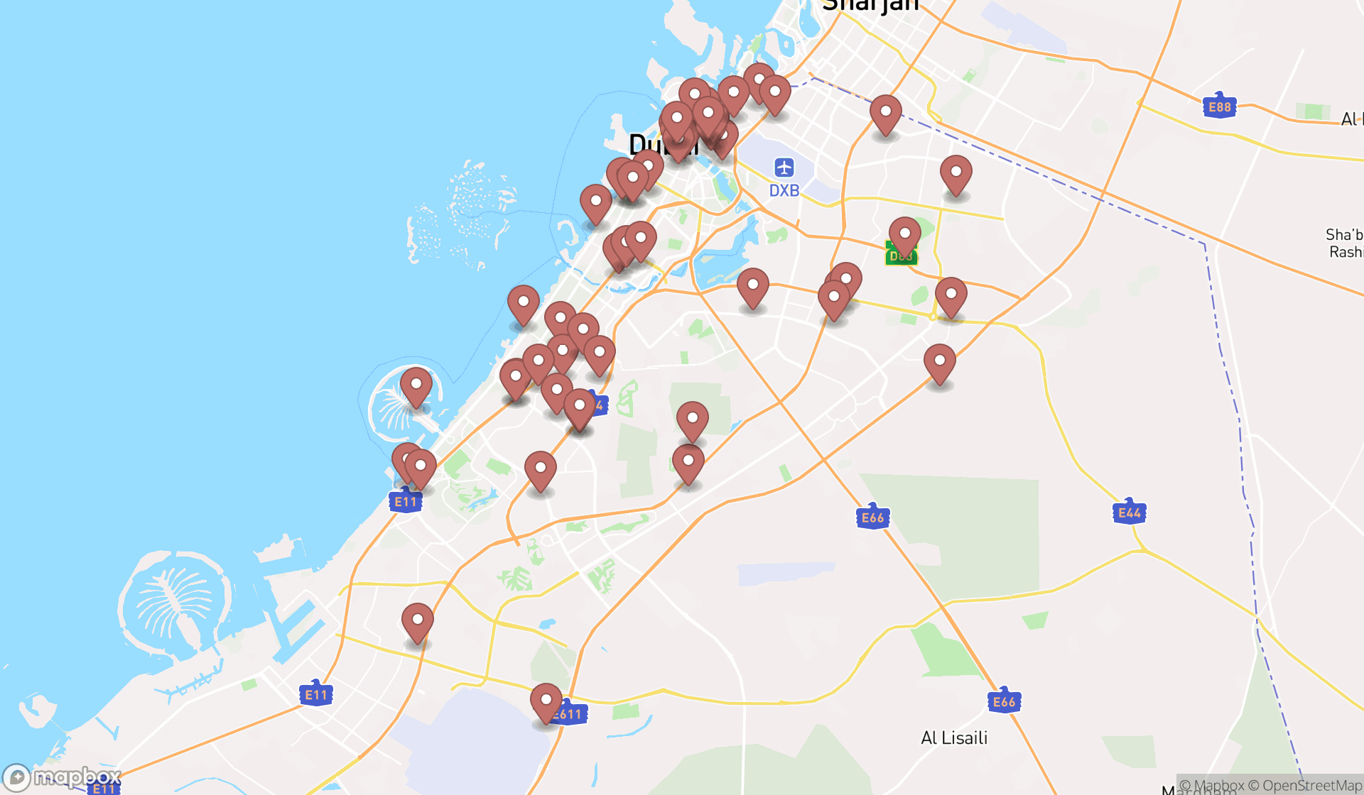 Map showing the search results in Dubai