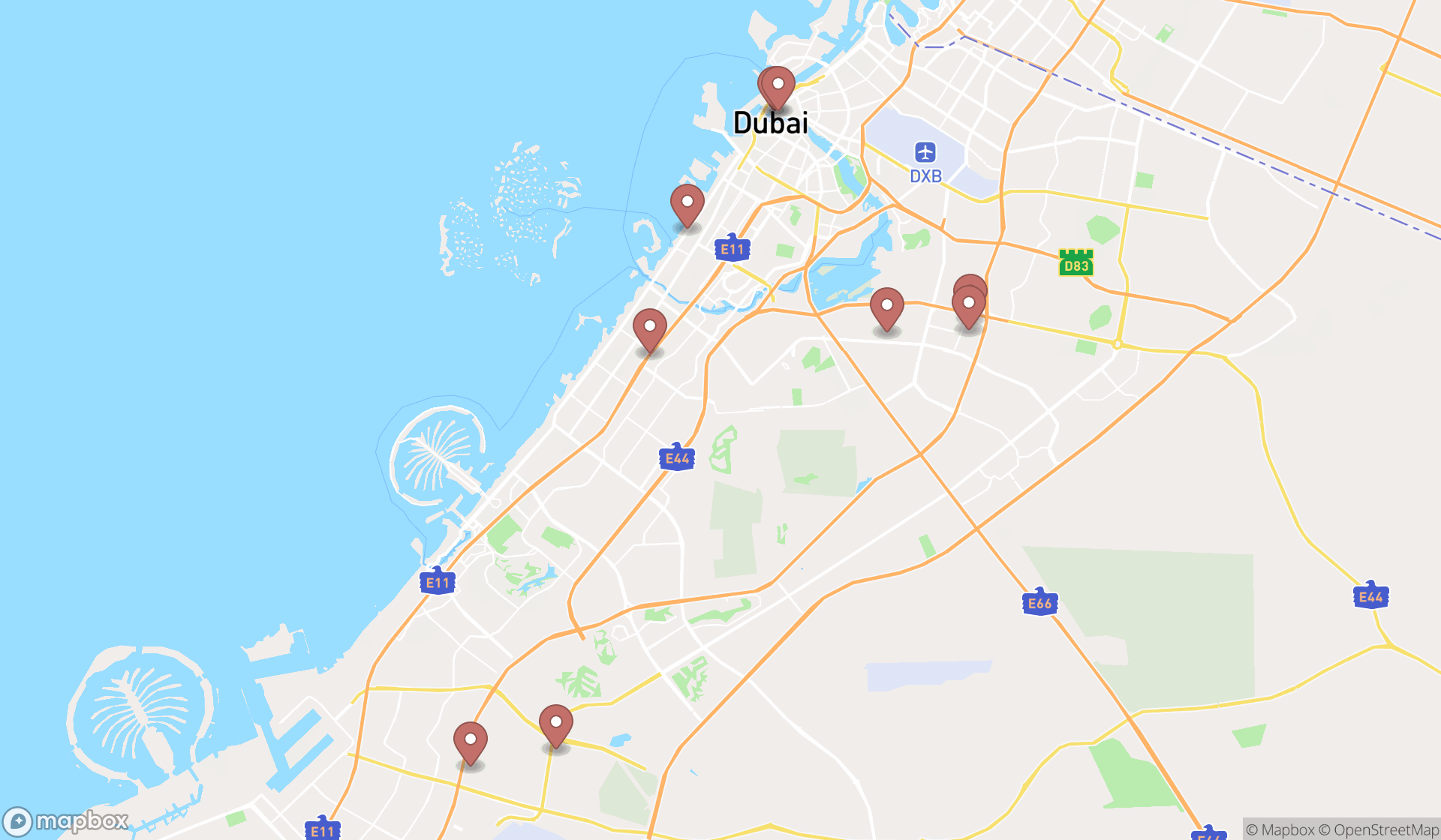 Map showing the search results in Dubai