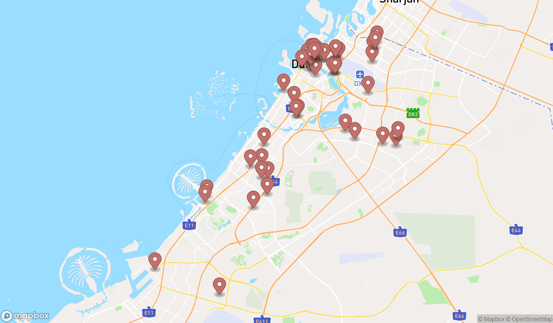 Map showing the search results in Dubai