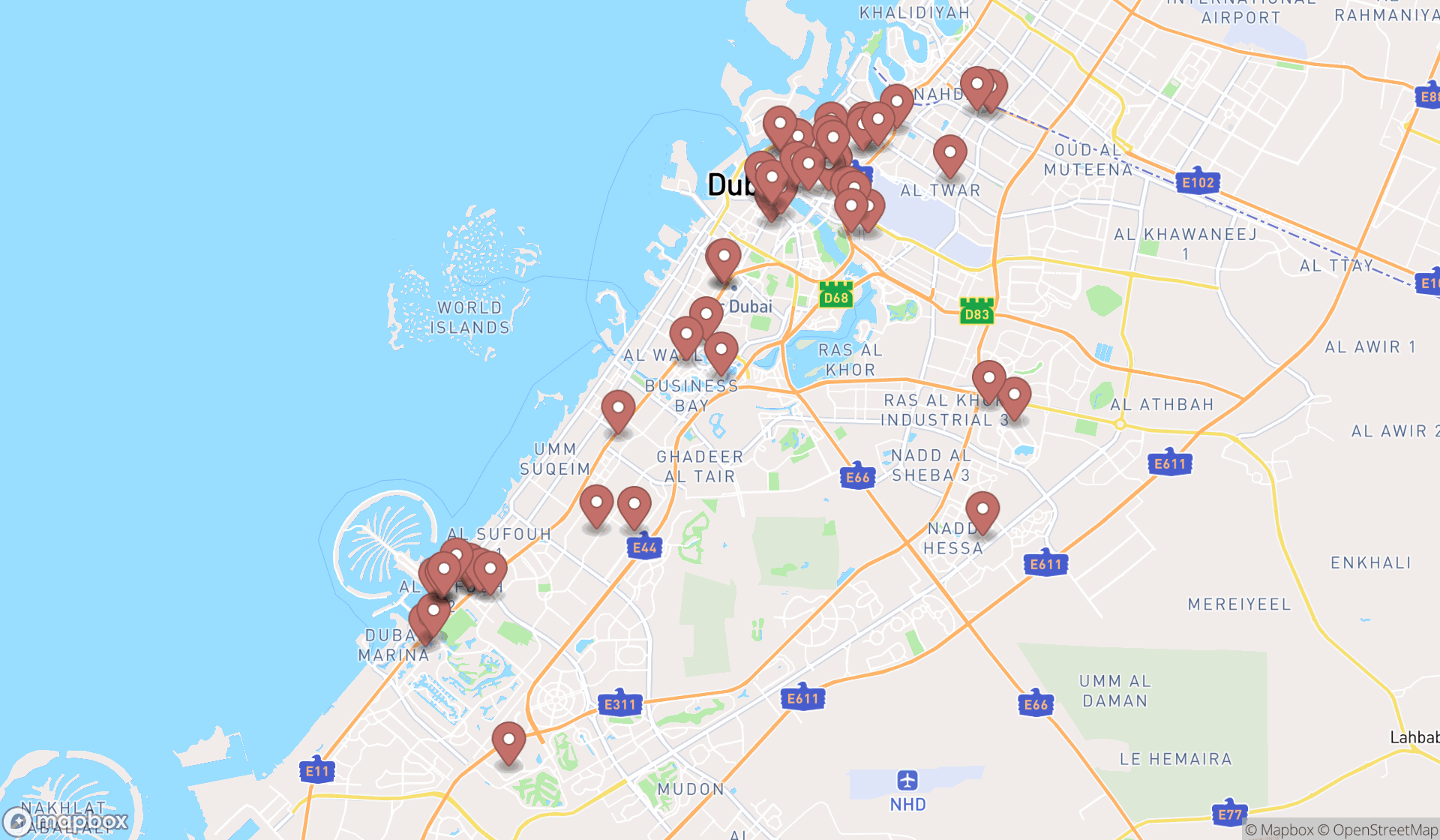 Map showing the search results in Dubai