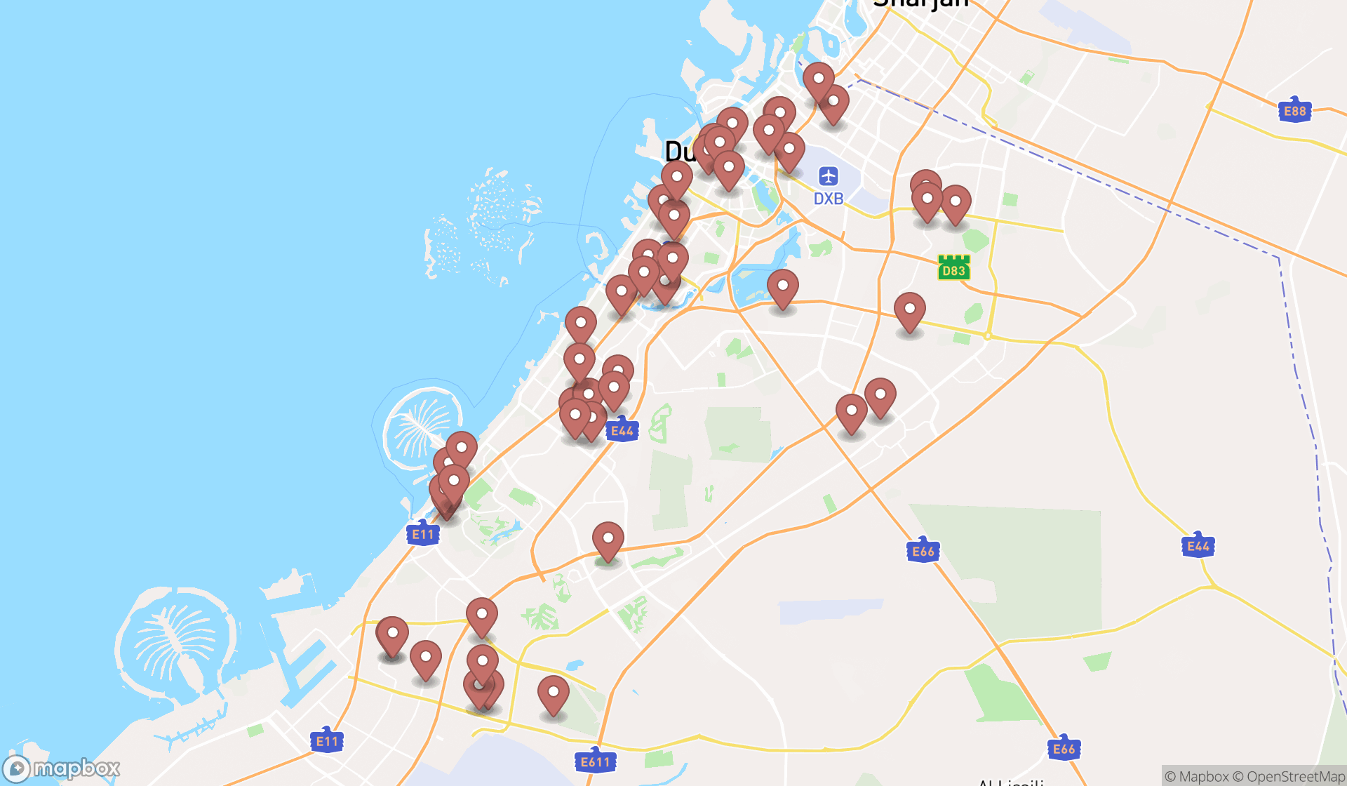 Map showing the search results in Dubai