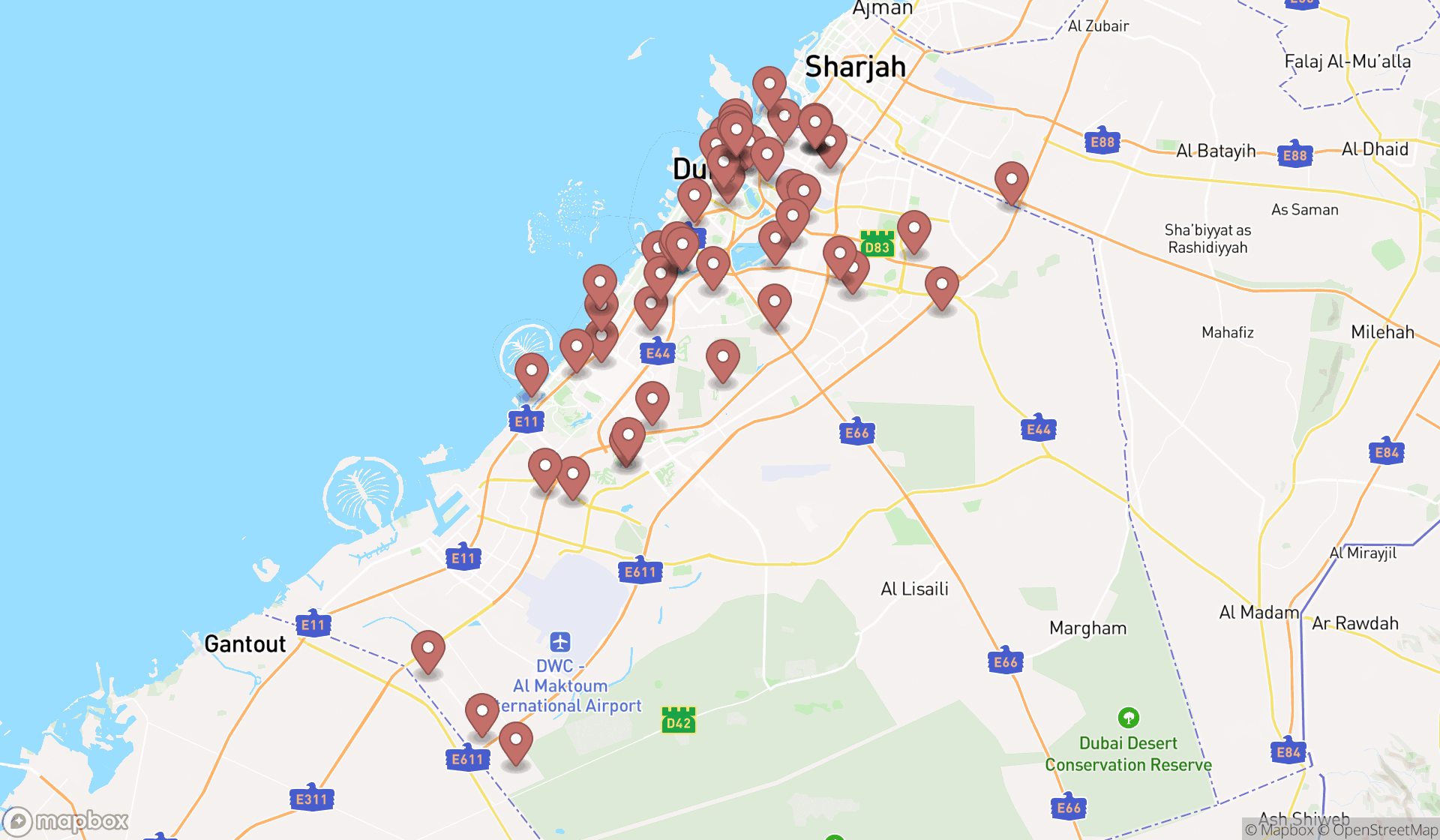 Map showing the search results in Dubai