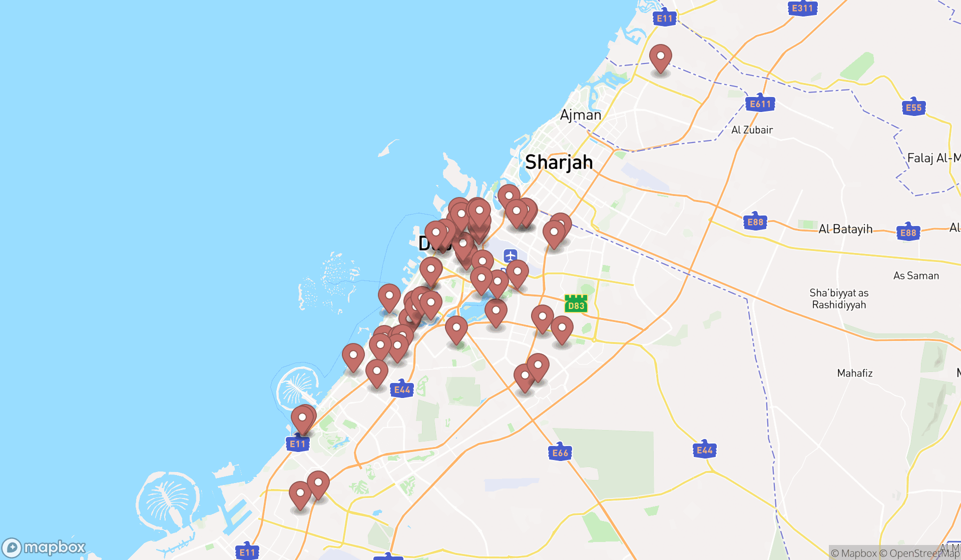 Map showing the search results in Dubai