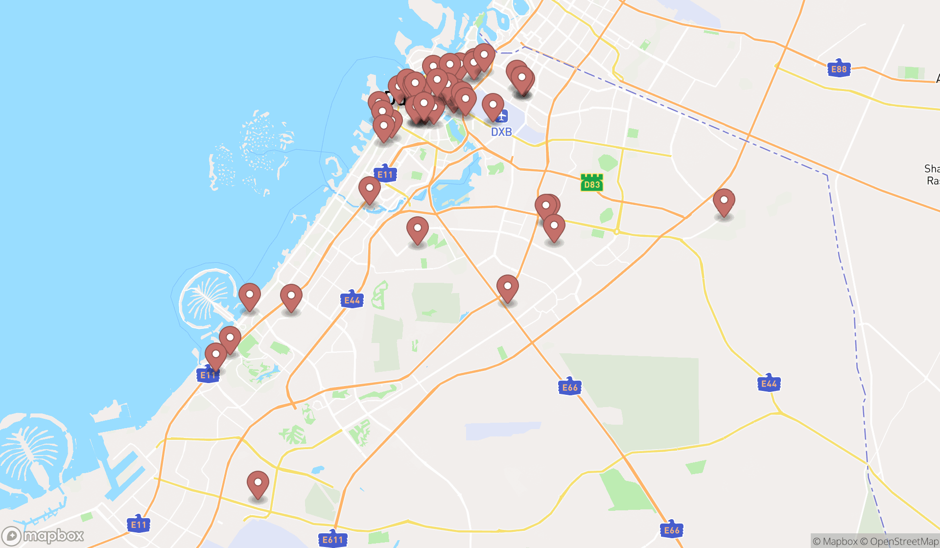 Map showing the search results in Dubai