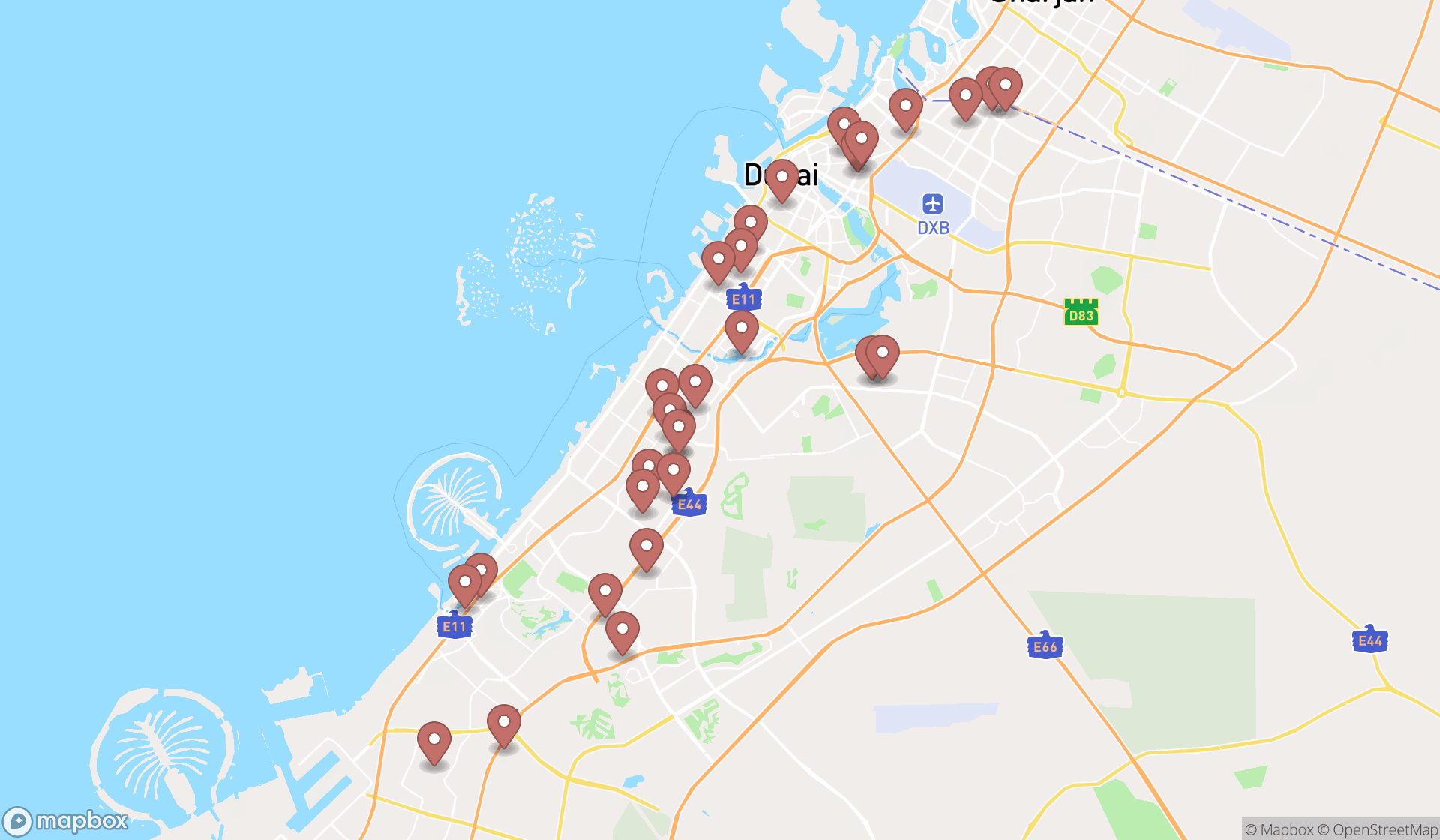 Map showing the search results in Dubai
