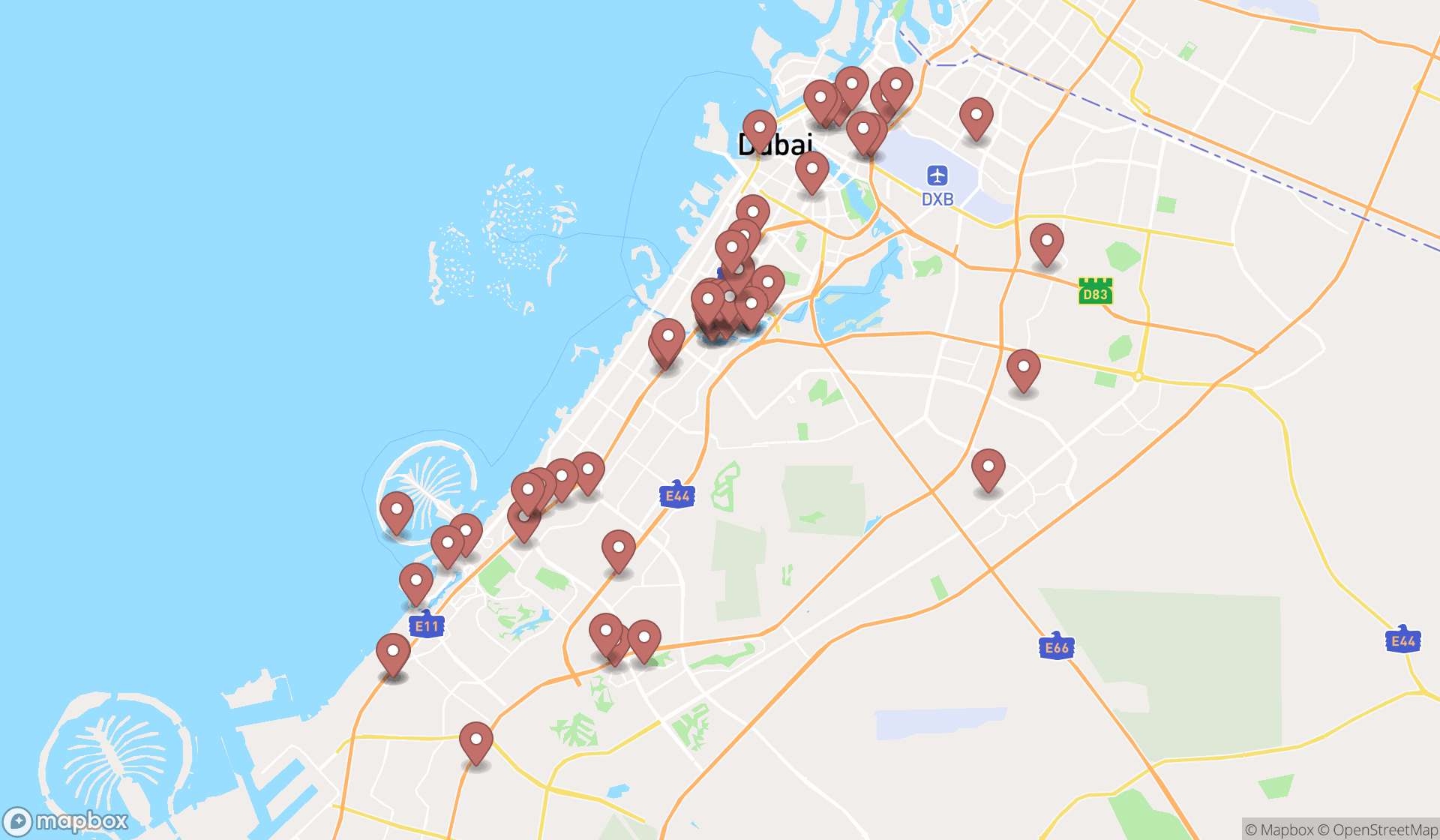 Map showing the search results in Dubai