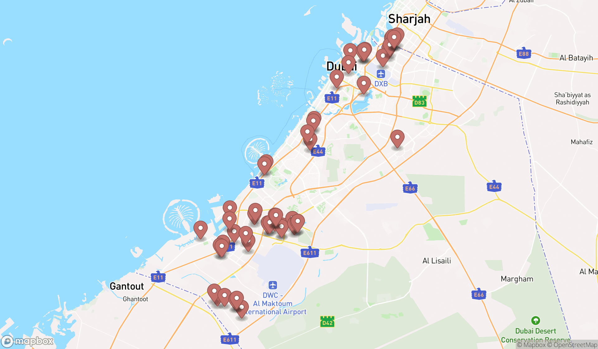 Map showing the search results in Dubai