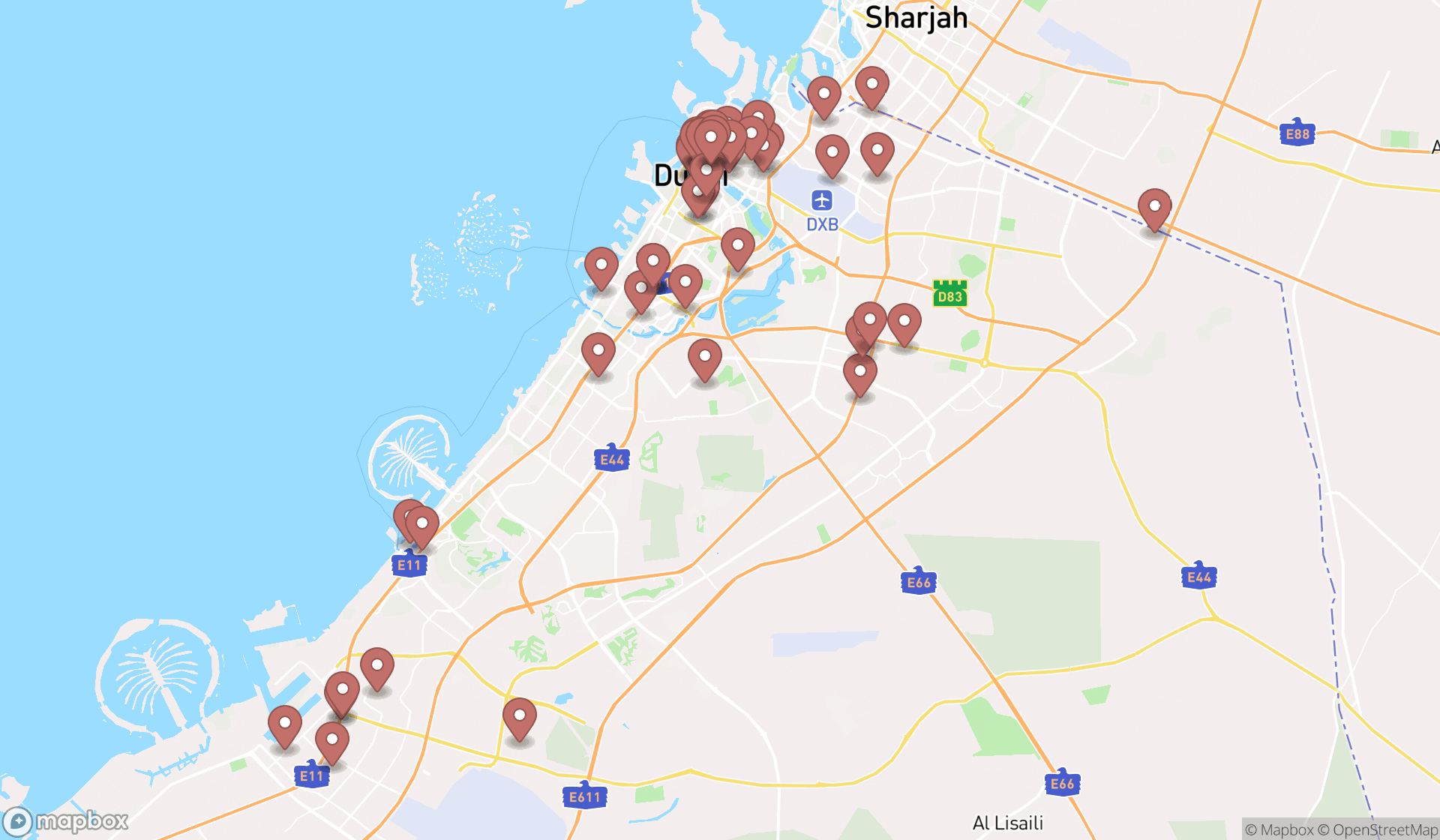 Map showing the search results in Dubai