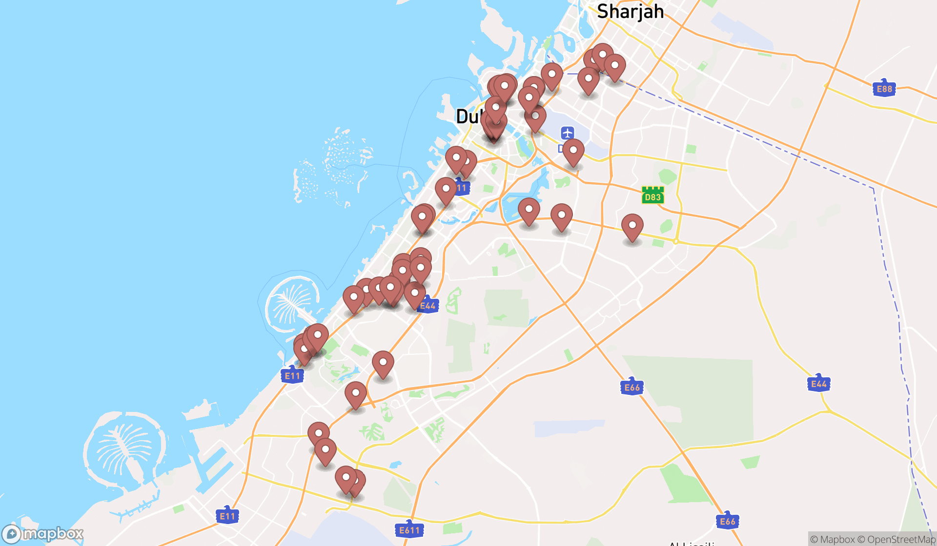 Map showing the search results in Dubai