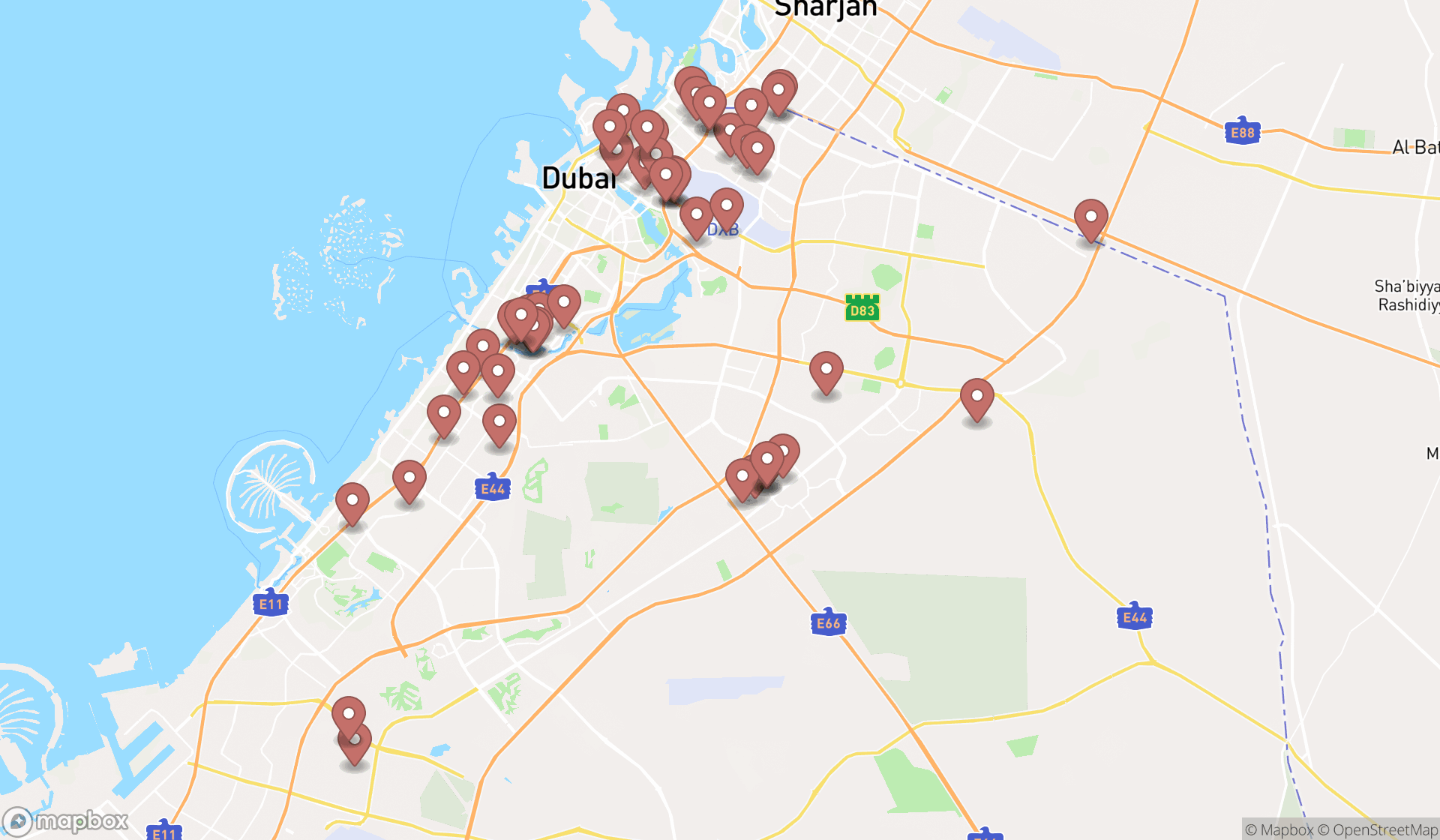 Map showing the search results in Dubai