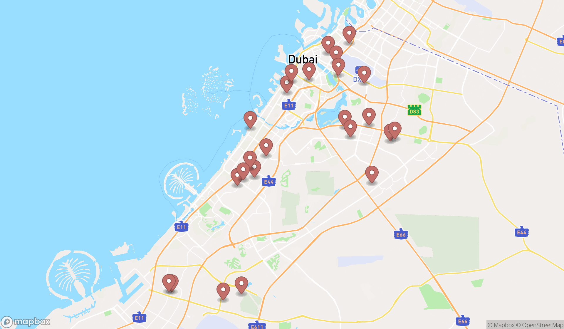 Map showing the search results in Dubai