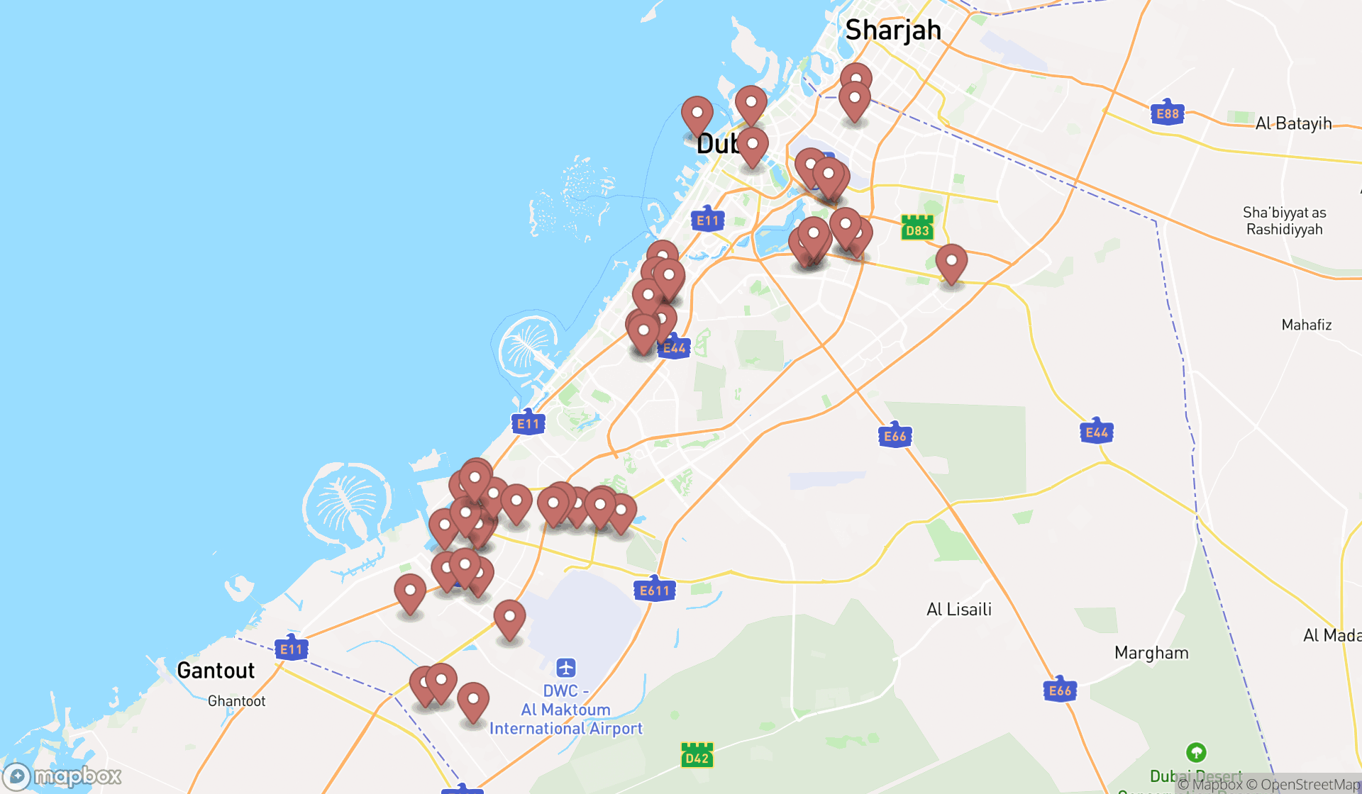 Map showing the search results in Dubai